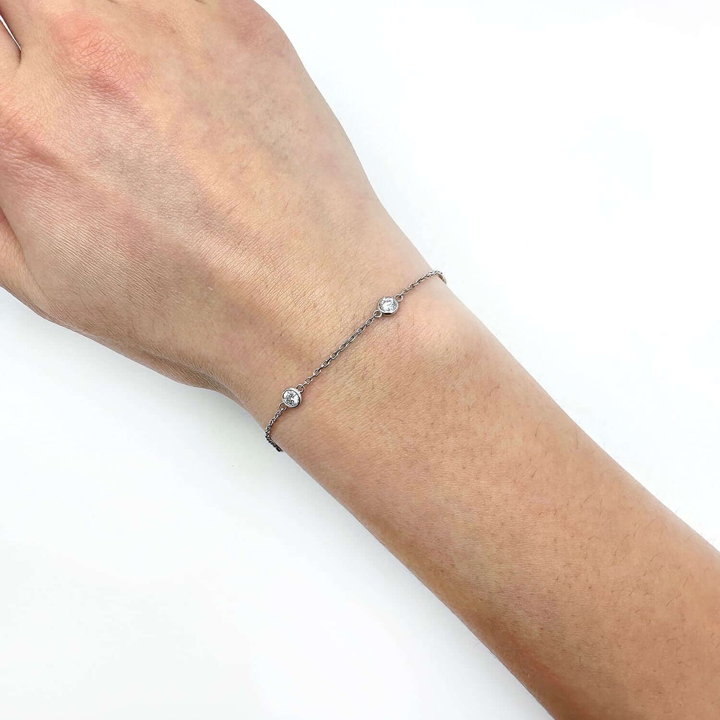 0.65CTW Lab-Grown Diamond 14K Real Gold White Bezel Station Bracelet 7"