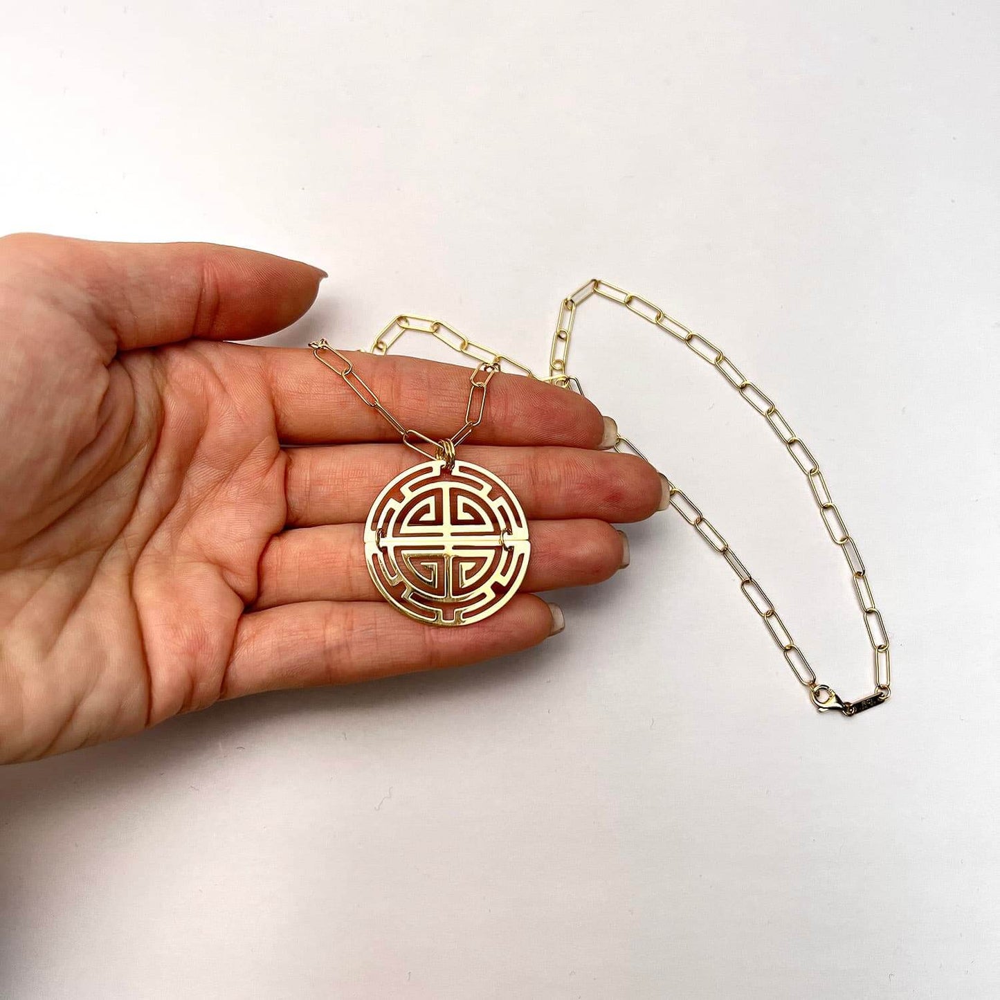 14K Gold Longevity Medallion Pendant on 2mm Paperclip Chain Necklace 18"