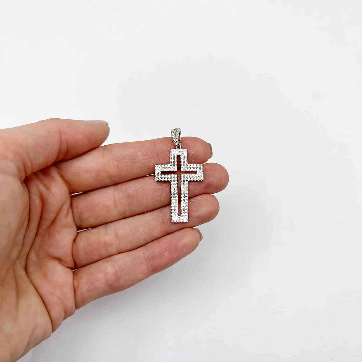 18K Gold Yellow White Over Silver CZ Pave Open Cross Pendant 1.5"