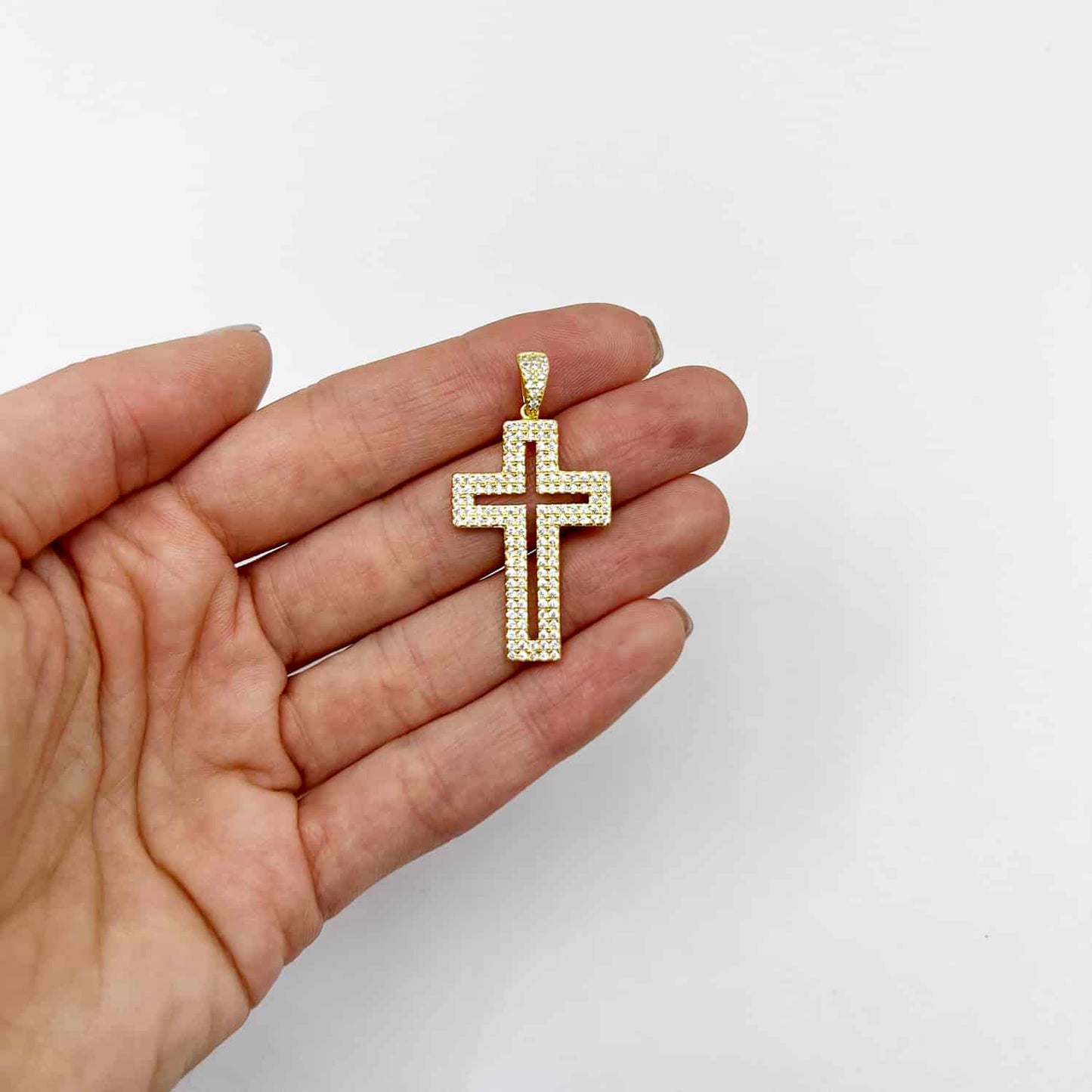 18K Gold Yellow White Over Silver CZ Pave Open Cross Pendant 1.5"