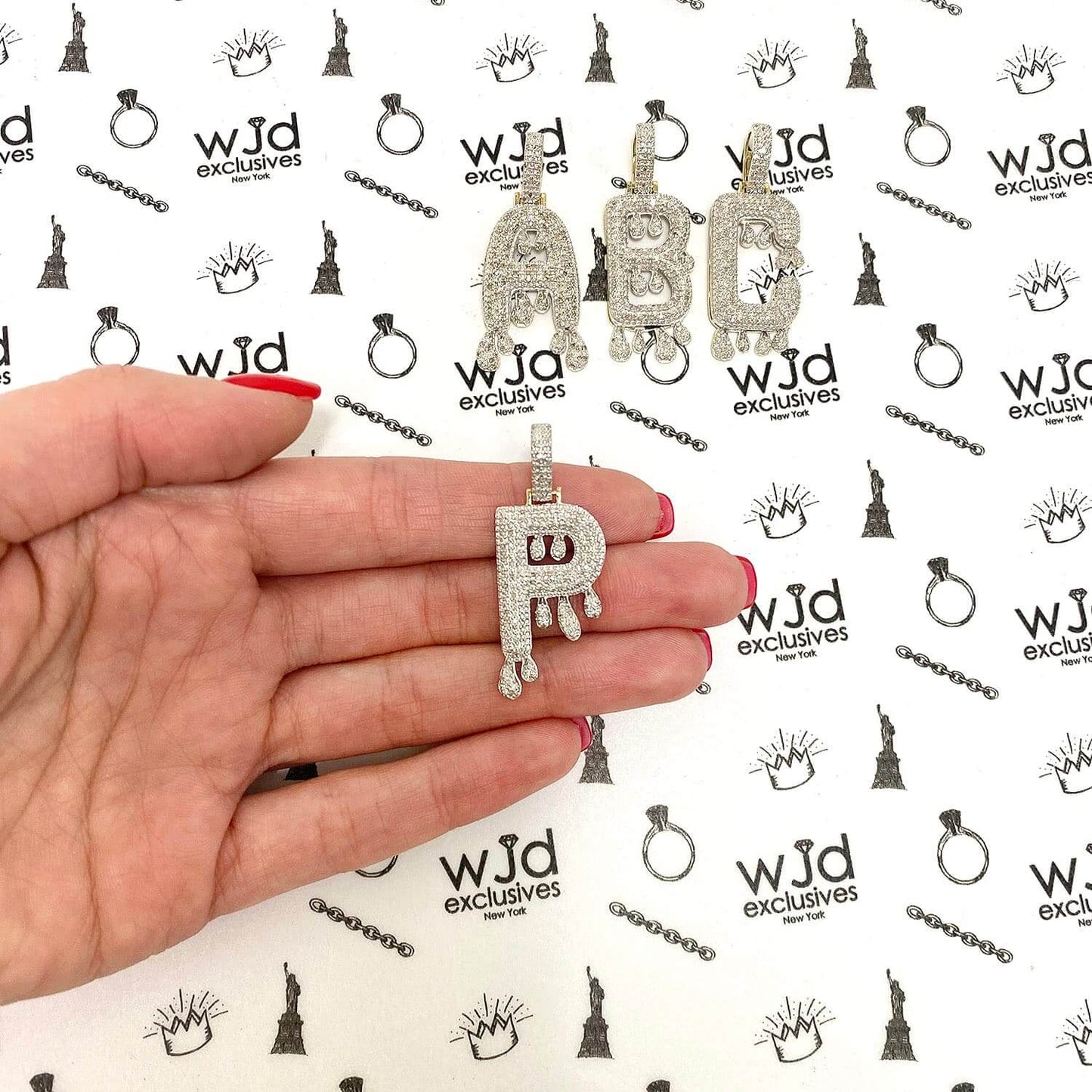 0.65CTW Real Diamond 10K Rea Gold Dripping Initial Letter Pendant 1.6"