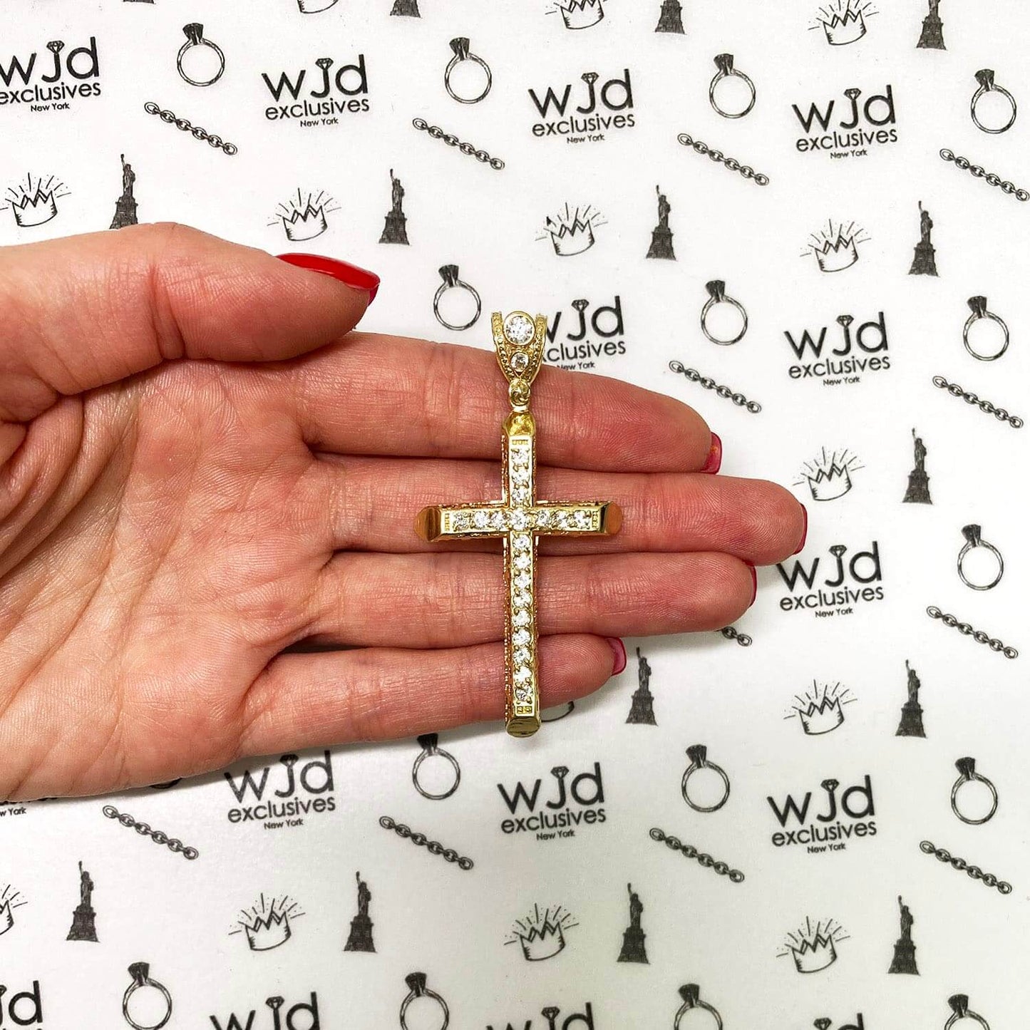 14K Yellow Gold CZ 2.5" Religious Cross Pendant