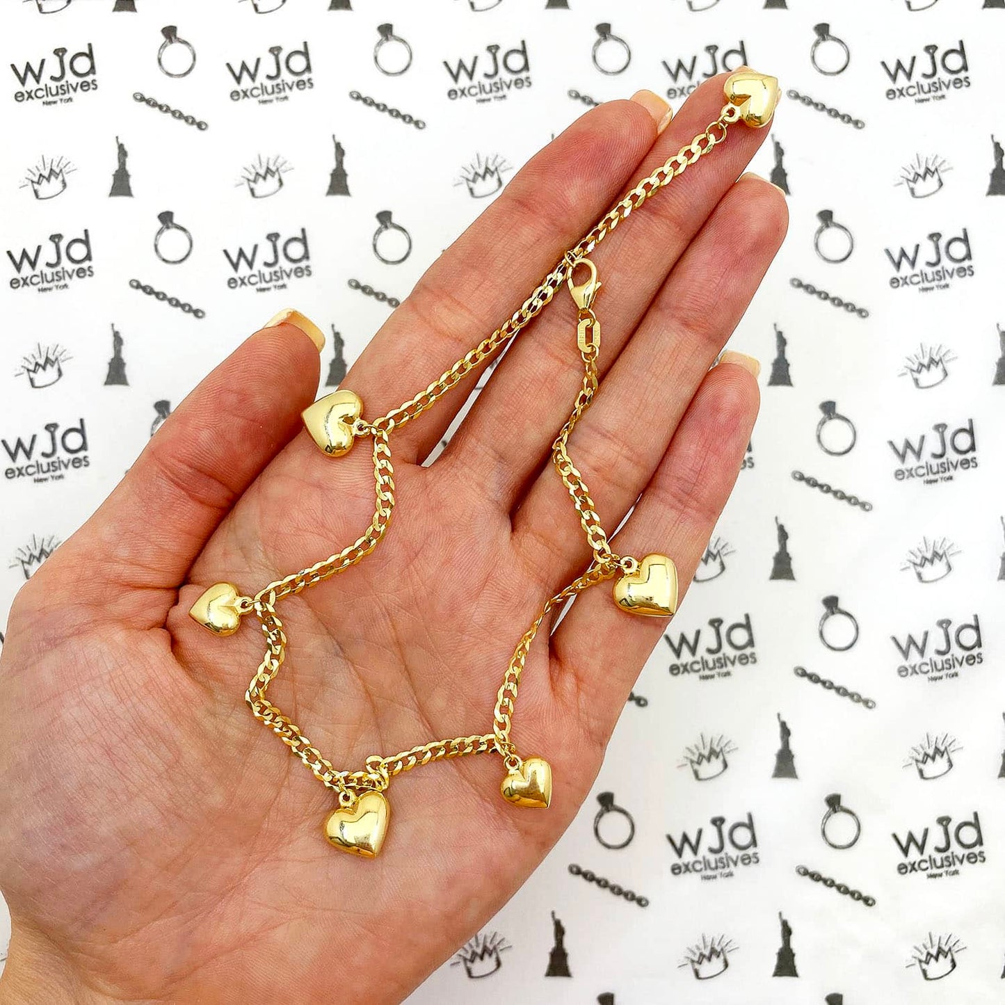 14K Yellow Gold Puffed Hearts Charm Cuban Anklet Bracelet 9"-10" Adjustable