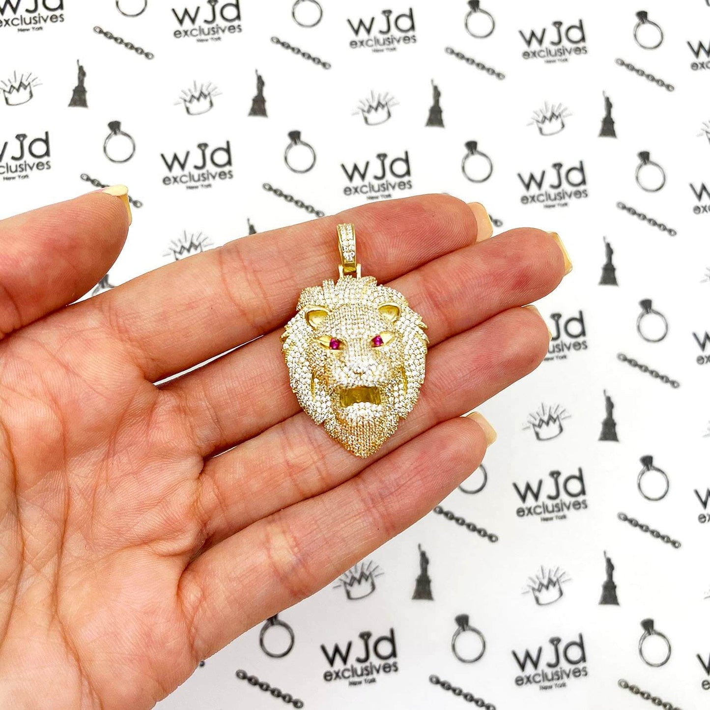 6.25CTW CZ Red Ruby Eye 14K Yellow Gold Lion Face Pendant 1.6"