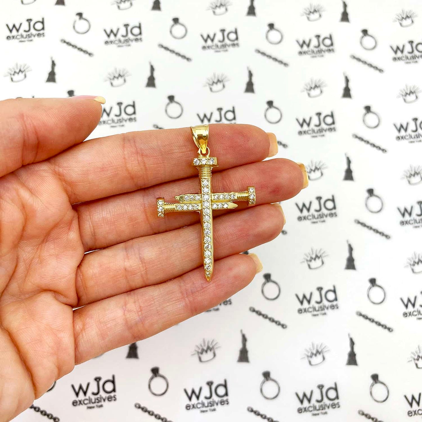 10K Yellow Gold CZ Pave Nail Cross Pendant 1.77"
