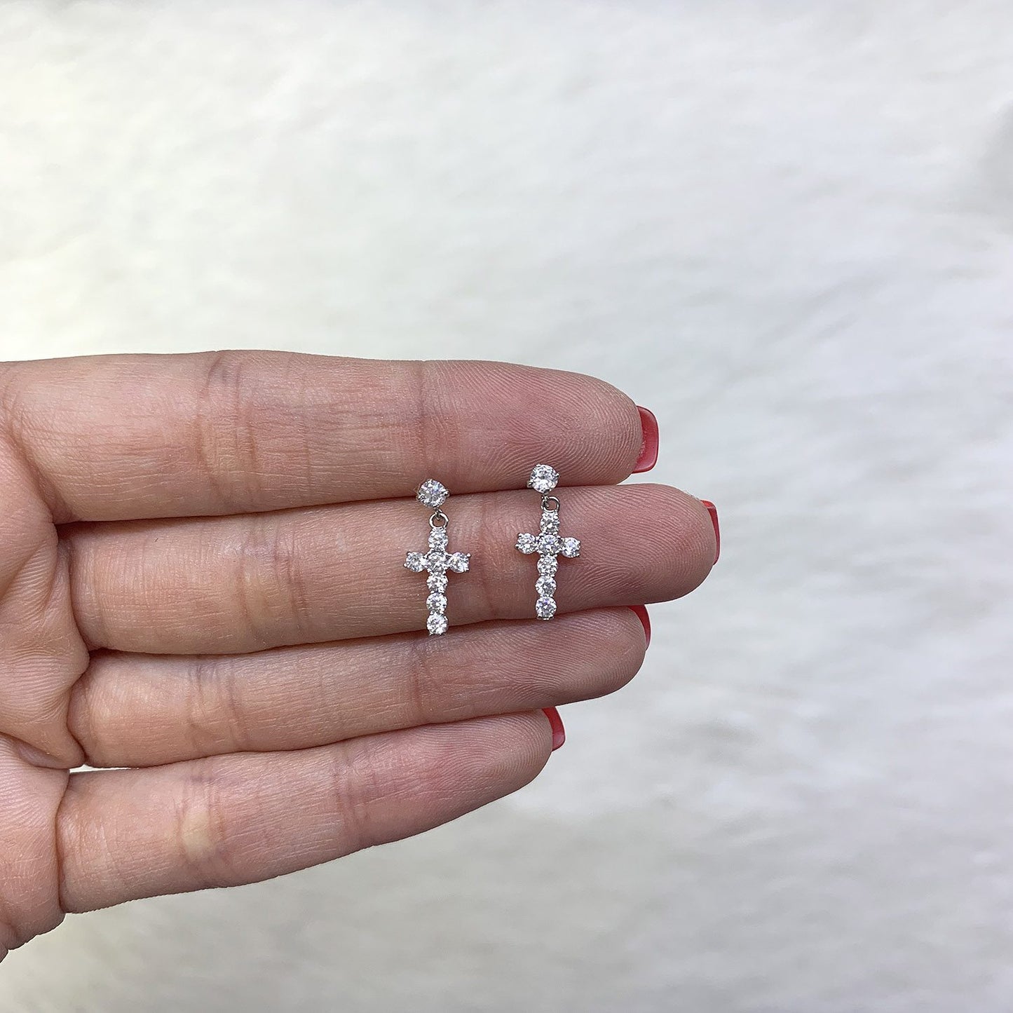 14K White Gold 1Ct CZ Cross Dangle Drop Earrings