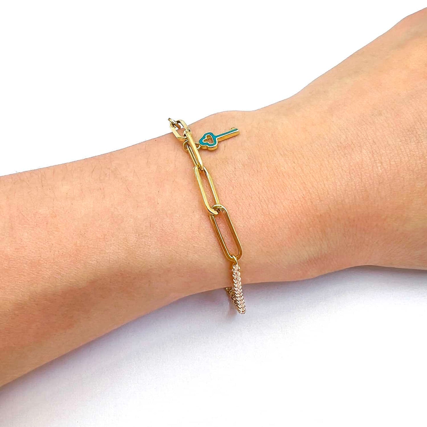 14K Gold Yellow Paperclip Tennis Teal Key Charm Bracelet 7"-7.5"