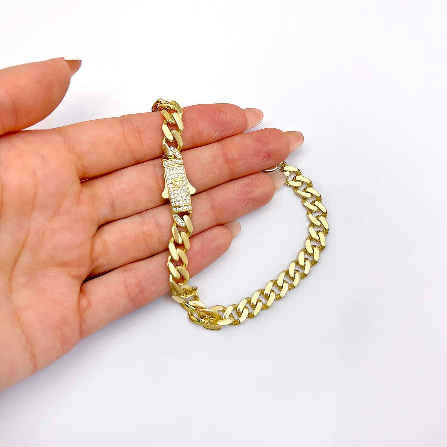 14K Real Gold CZ Pave Box Clasp 7mm Miami Bracelet Anklet 10"