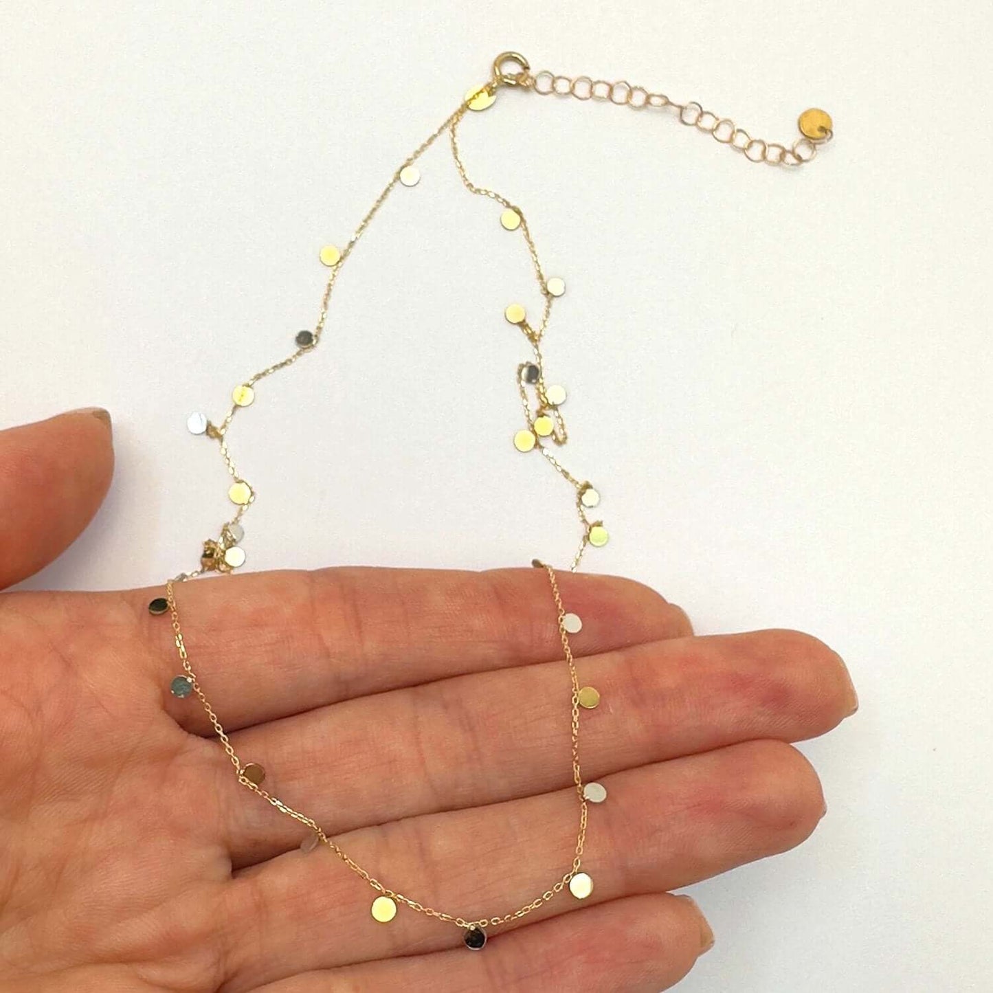 14K Tri-Color Gold Dangling Circles Cable Chain Necklace 16"-18" Adjustable