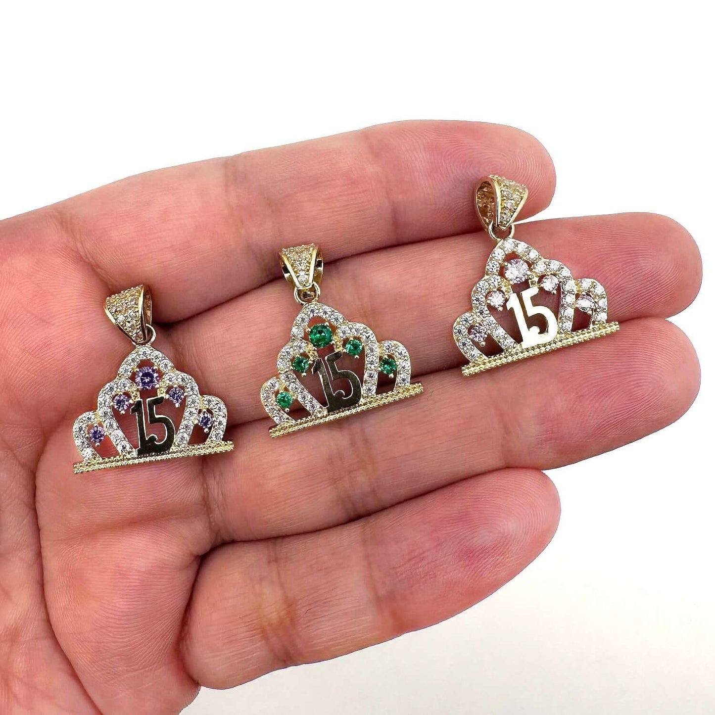 14K Real Gold CZ Crown Girl's 15th Birthday Quinceañera Pendant