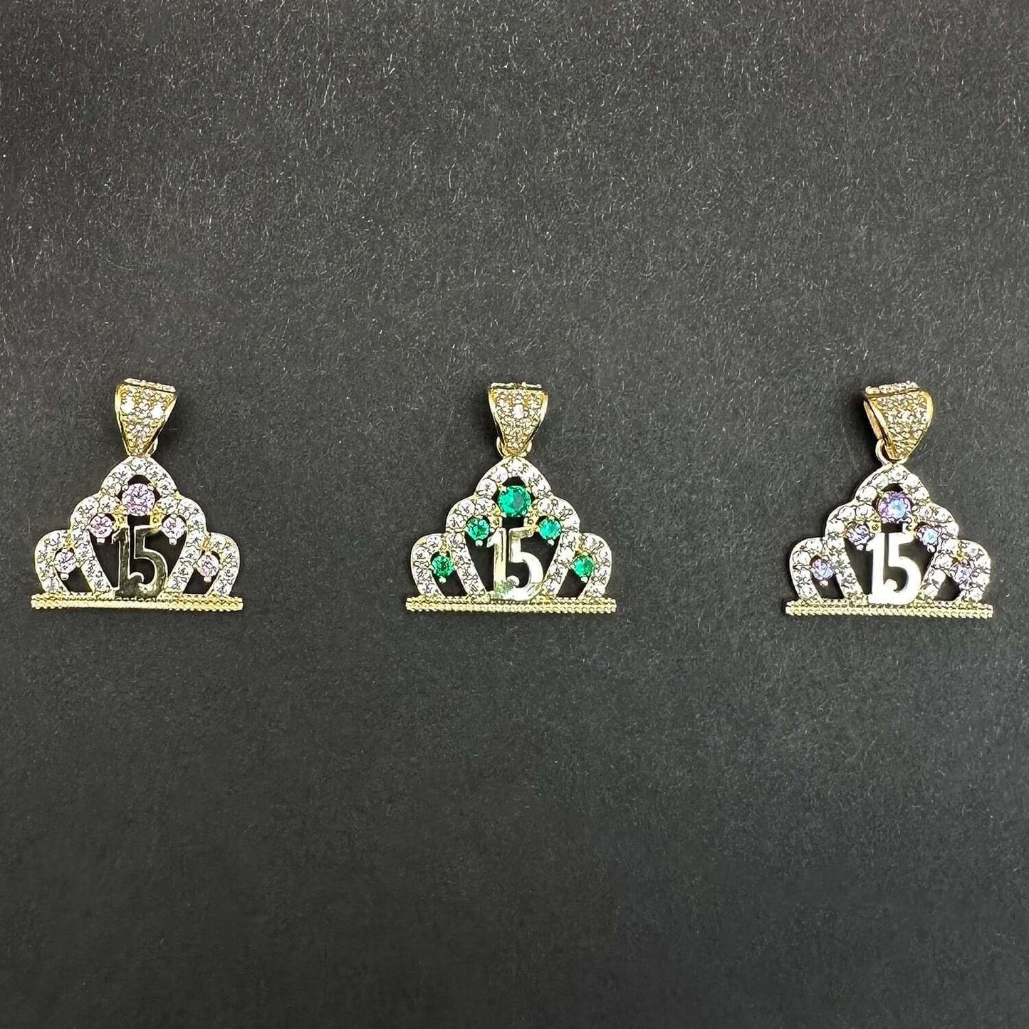 14K Real Gold CZ Crown Girl's 15th Birthday Quinceañera Pendant