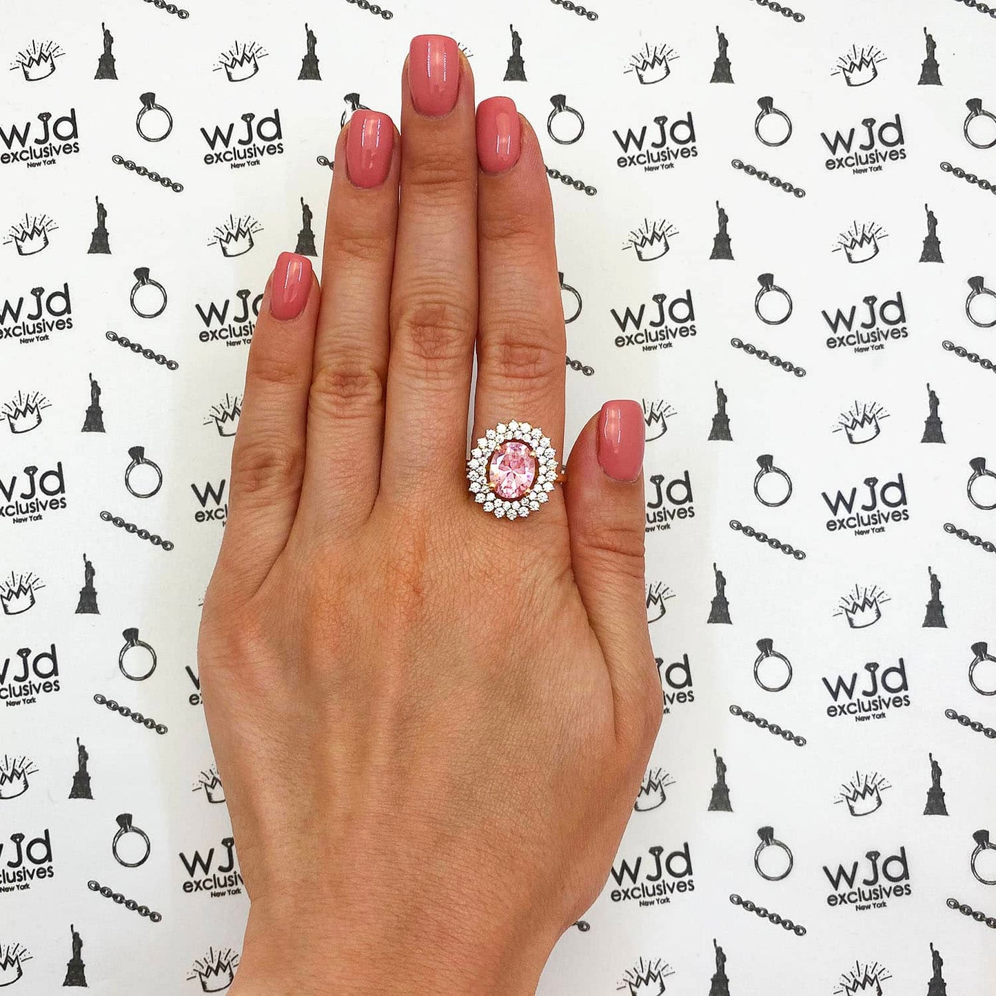3.25CTW Oval Pink Tourmaline CZ Halo 14K Gold Cocktail Ring