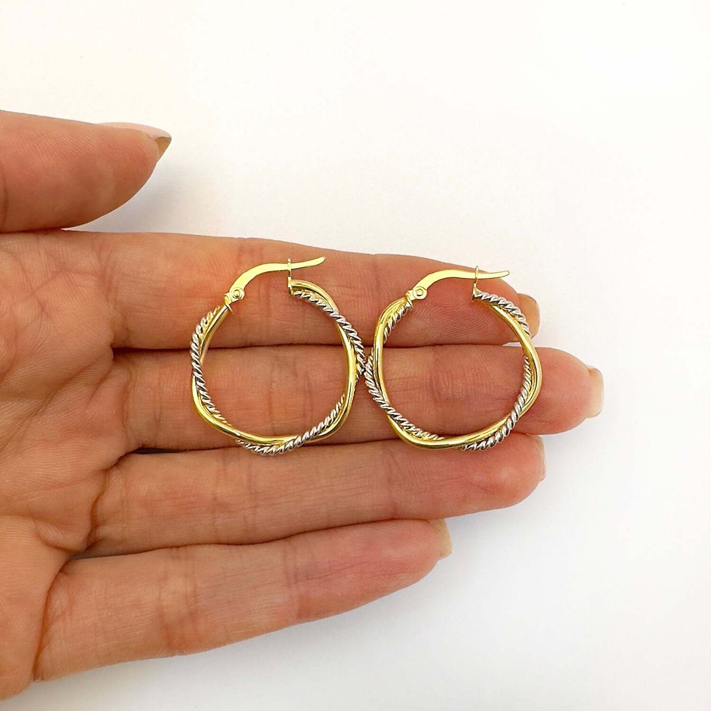 14K Gold Yellow Two-Tone White 3mm Twisted Round Hoop Earrings 25mm