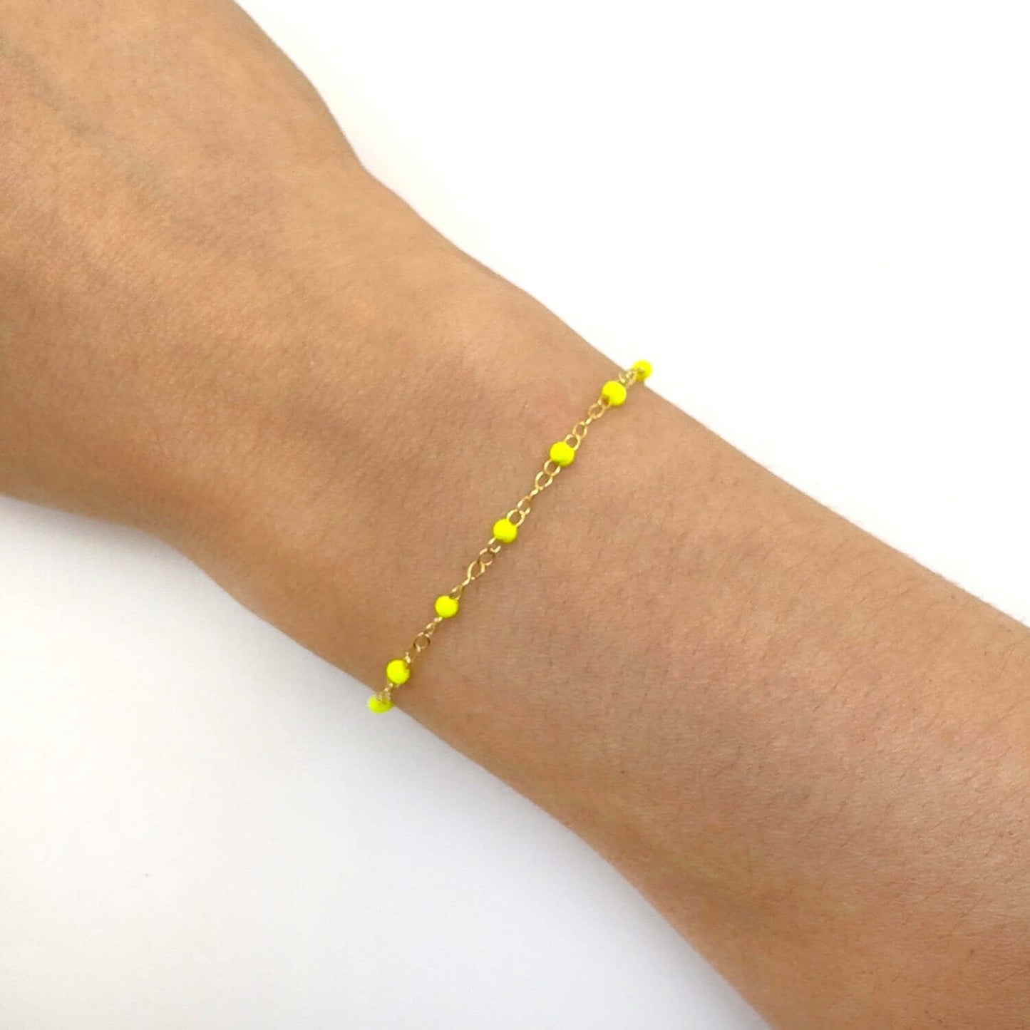14K Gold Neon Yellow Pink Enamel Bead Piatto Cable Bracelet 6.5"-7.5" Adj