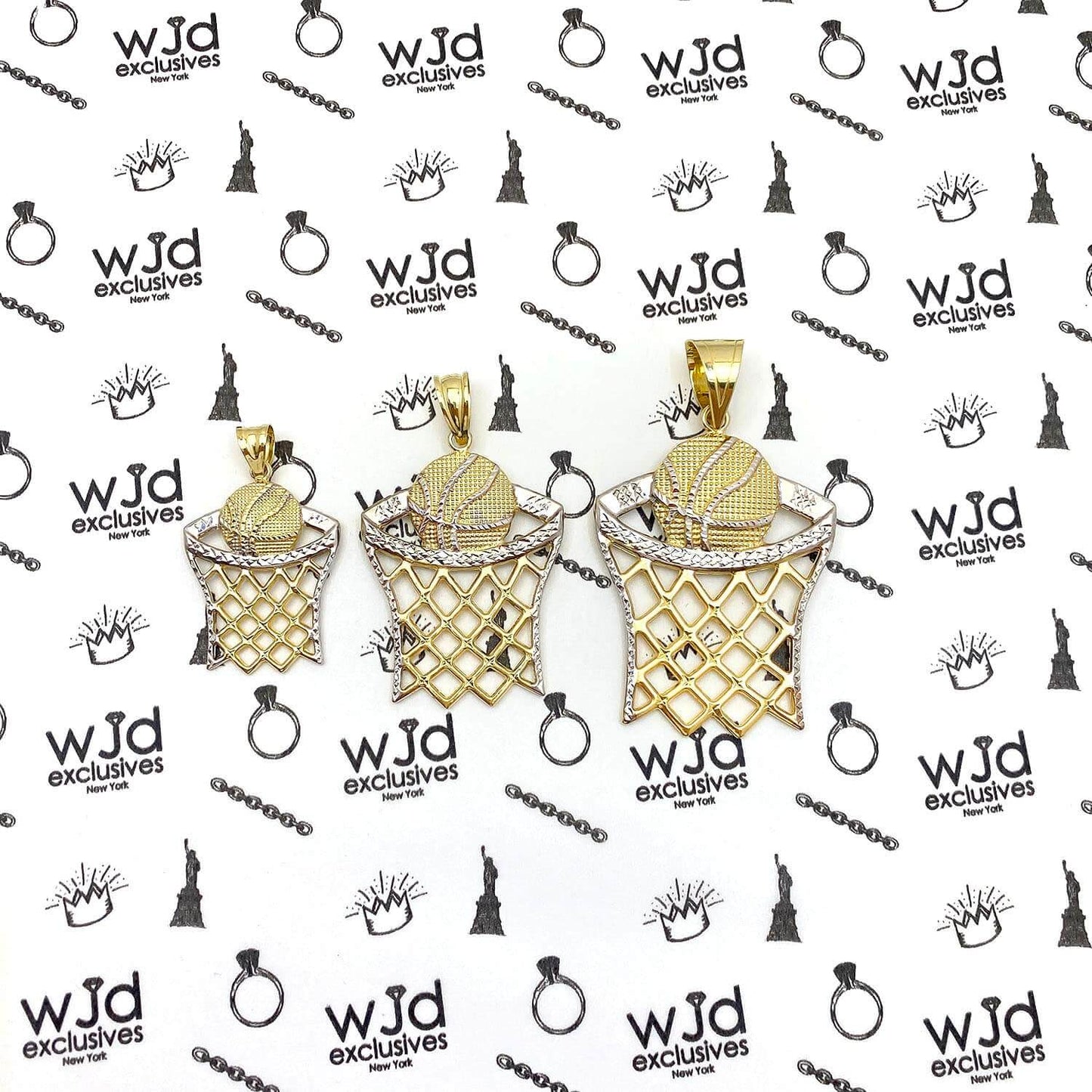 10K Yellow Gold Two-Tone Diamond Cut Basketball Hoop Sport Pendant 1.57"-2.76"