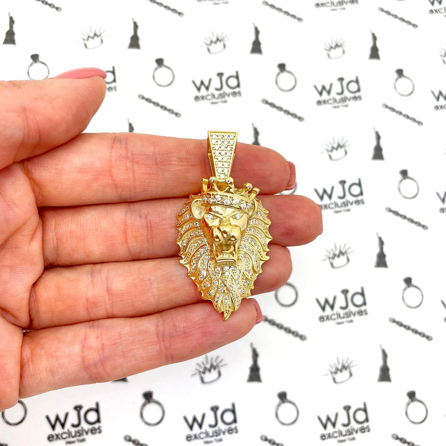 14k Gold Plated Silver Cubic Zirconia Lion Crown Face Charm Pendant 1.57"