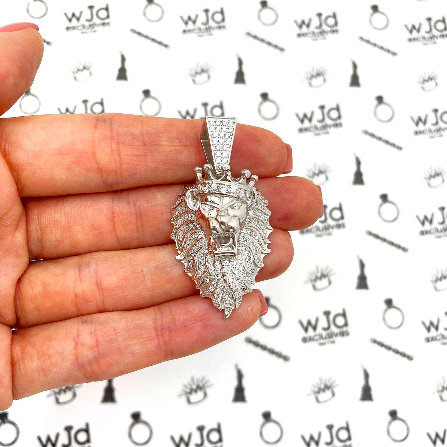 14k Gold Plated Silver Cubic Zirconia Lion Crown Face Charm Pendant 1.57"