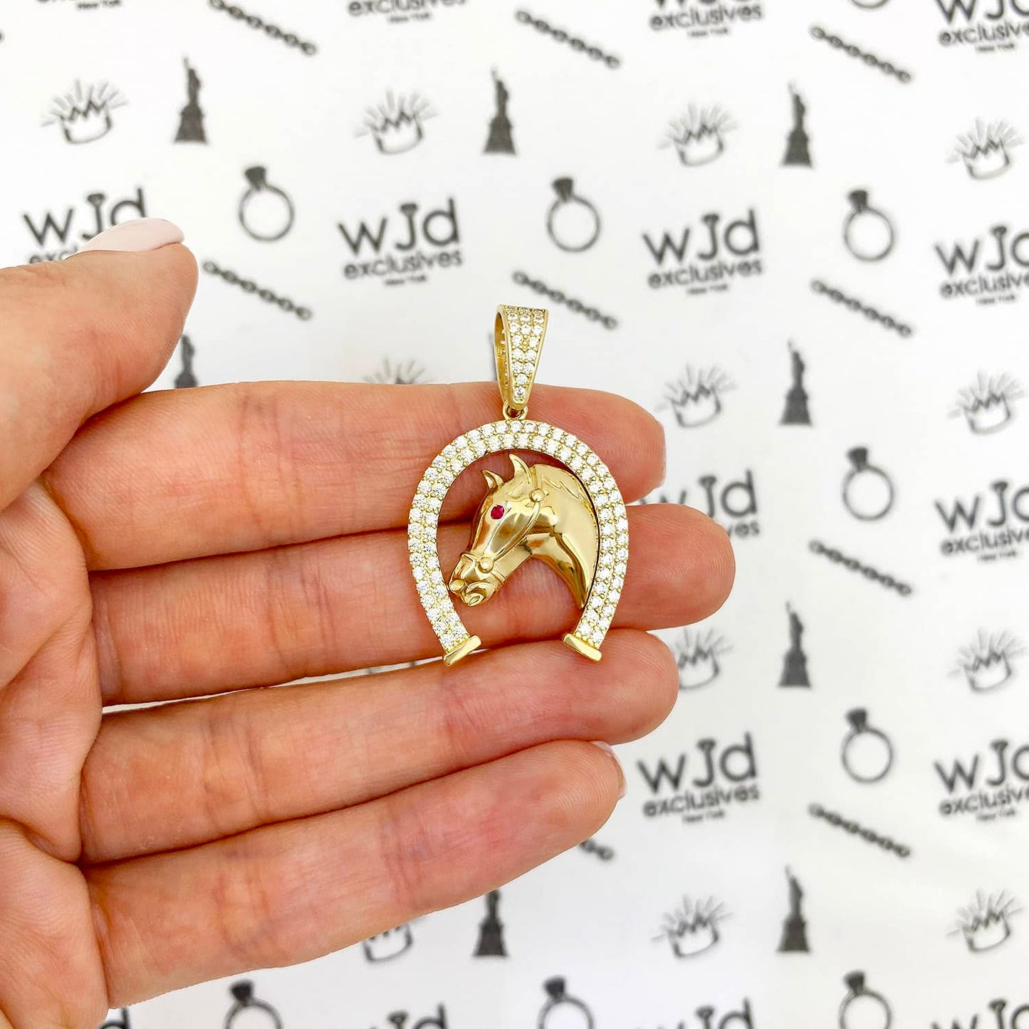 14K Yellow Gold CZ Horseshoe Ruby Eye Horse Head Pendant 1.4"