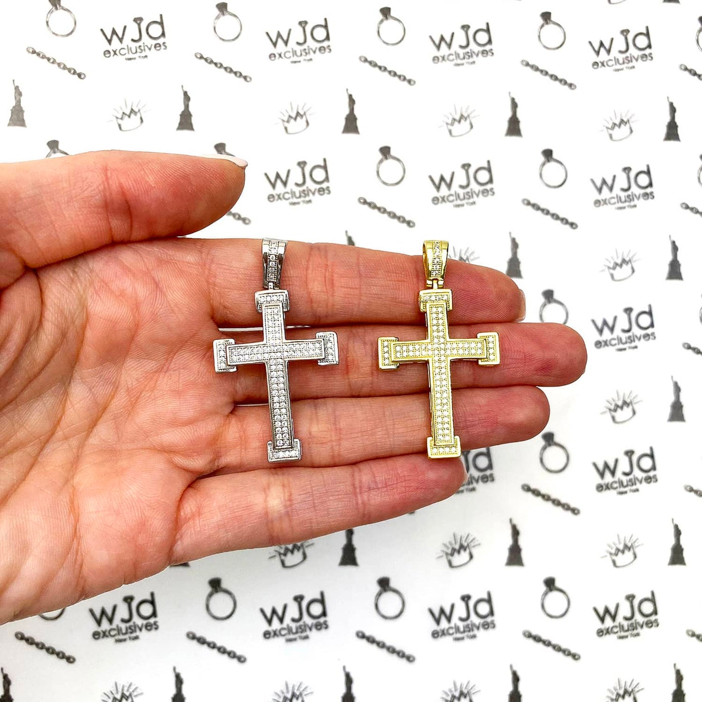 Yellow White Gold Over 925 Sterling Silver CZ Pave Milgrain Cross Pendant 1.69"