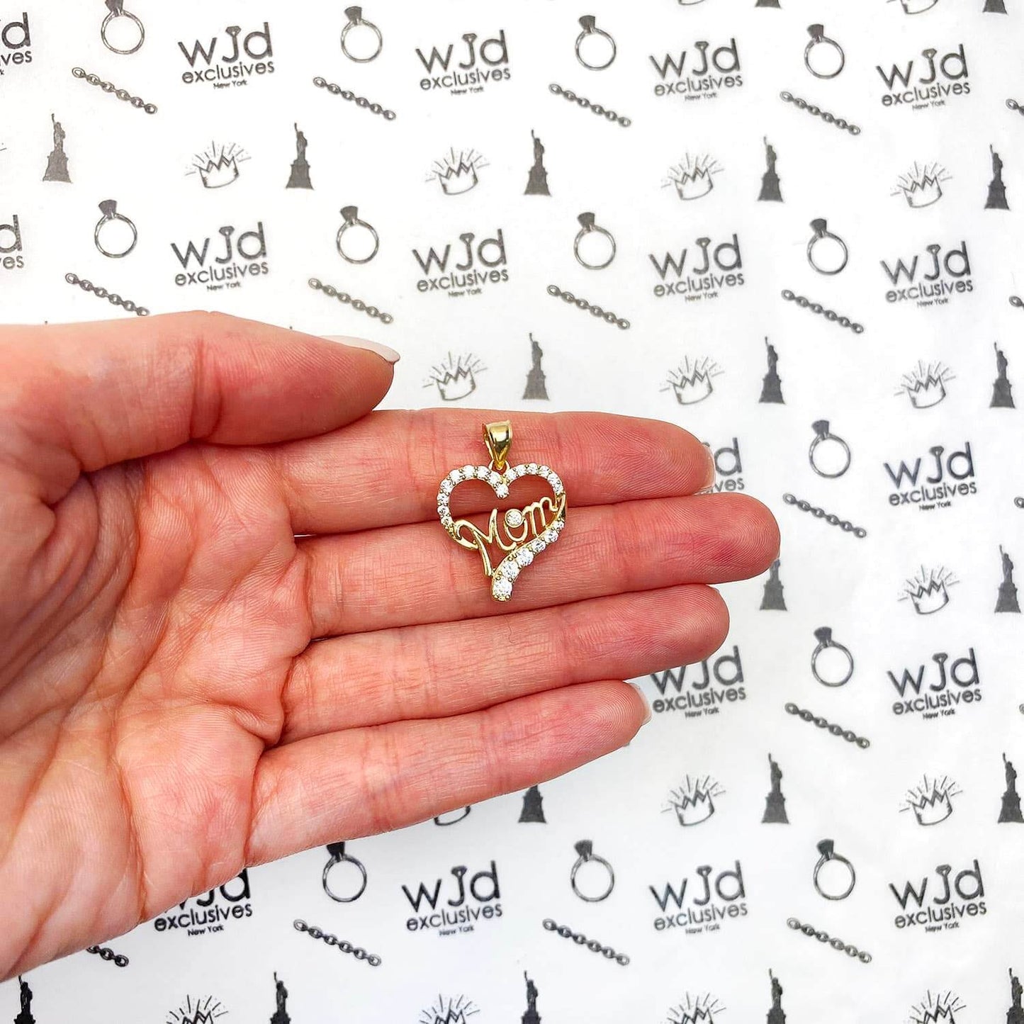 14K Yellow Gold CZ Open Heart "Mom" Pendant 0.98"