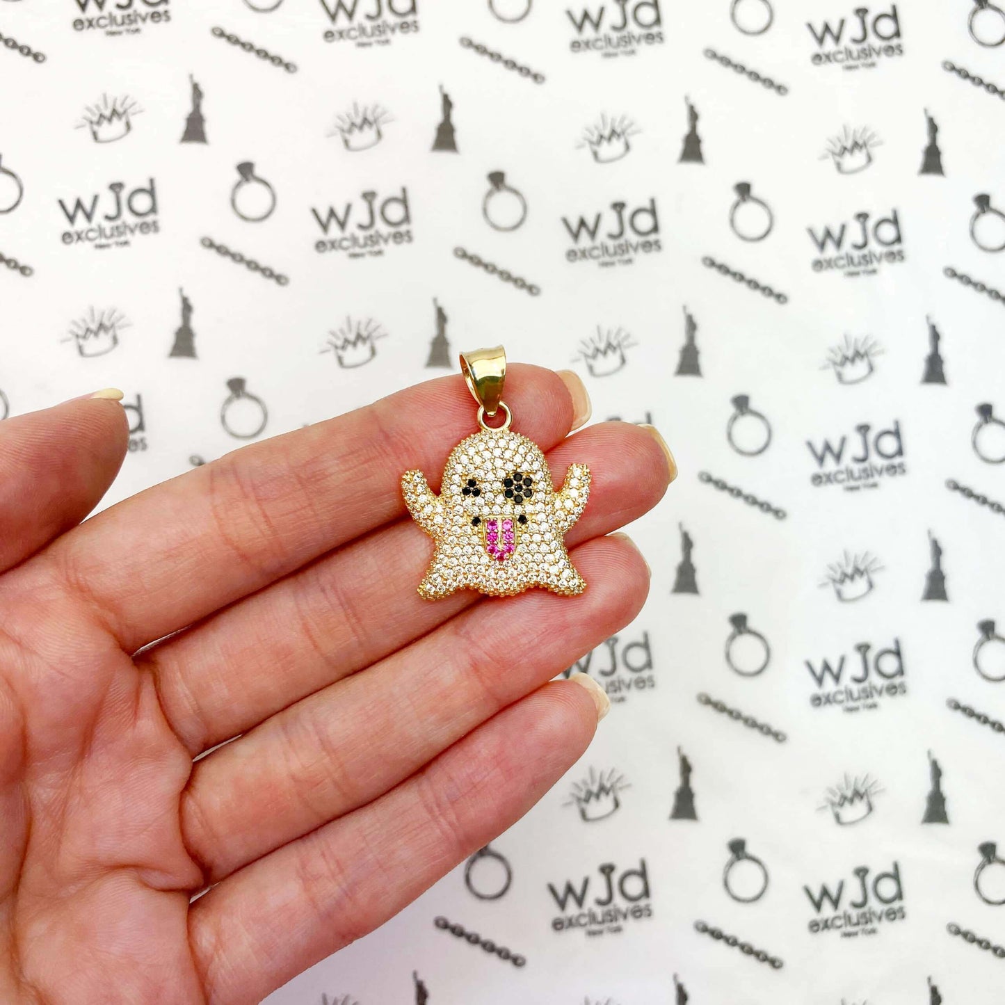 14K Yellow Gold CZ Iced Ghost Emoji Pendant 1.2"