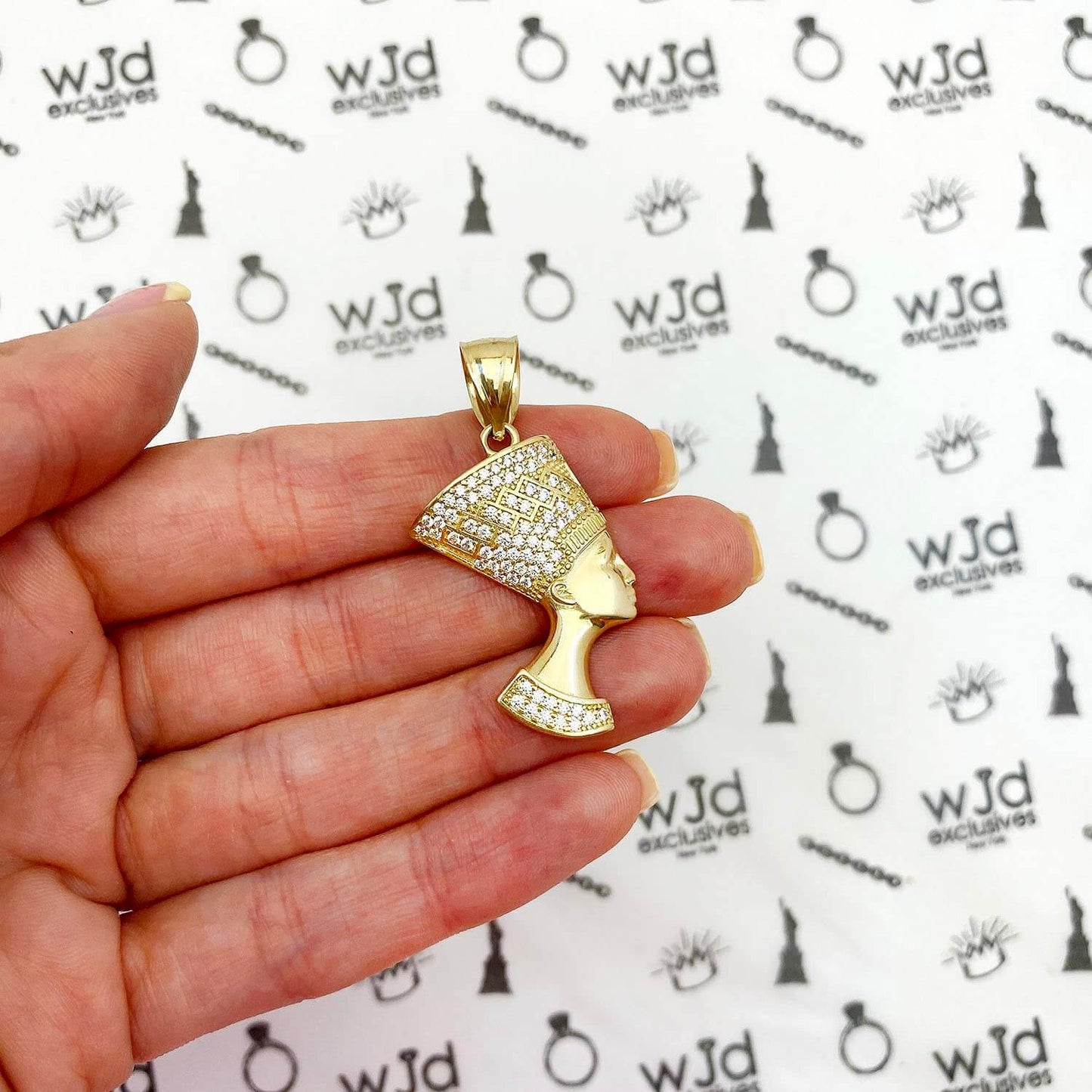14K Yellow Gold CZ Nefertiti Head Pendant 1.8"
