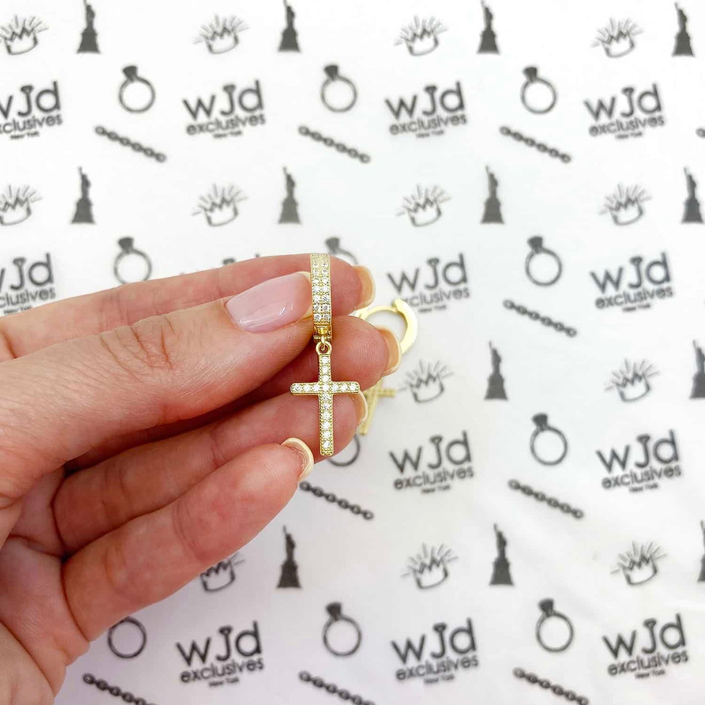 14K Gold Over Silver CZ Cross Huggie Hoop Earrings 1.18"