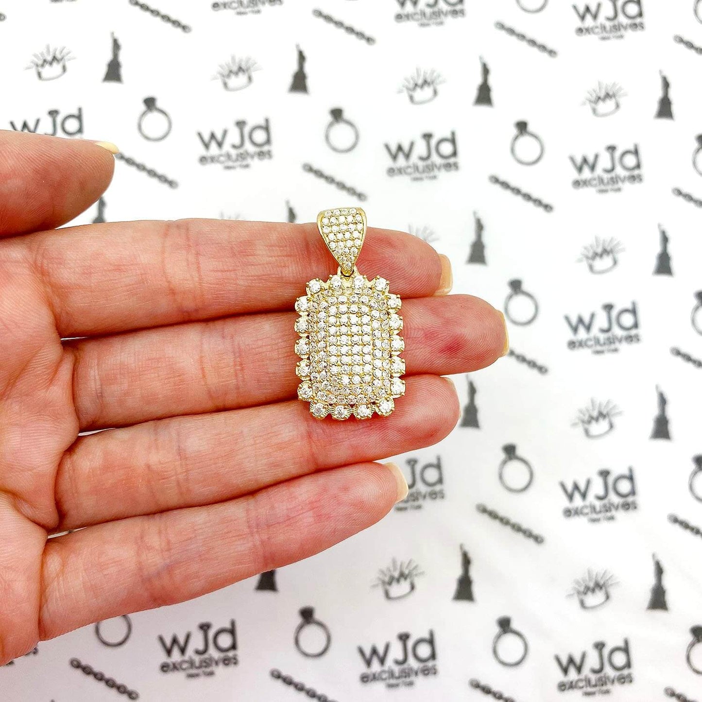 1.5CTW CZ 14K Yellow Gold Rectangle Cluster Frame Pendant 1.38"