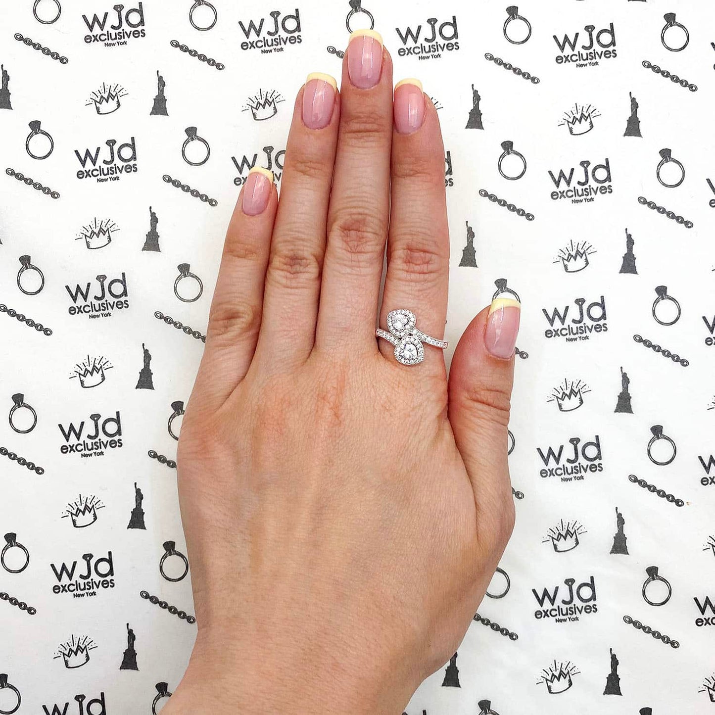 14K Gold White CZ Two Halo Hearts Wrap Ring