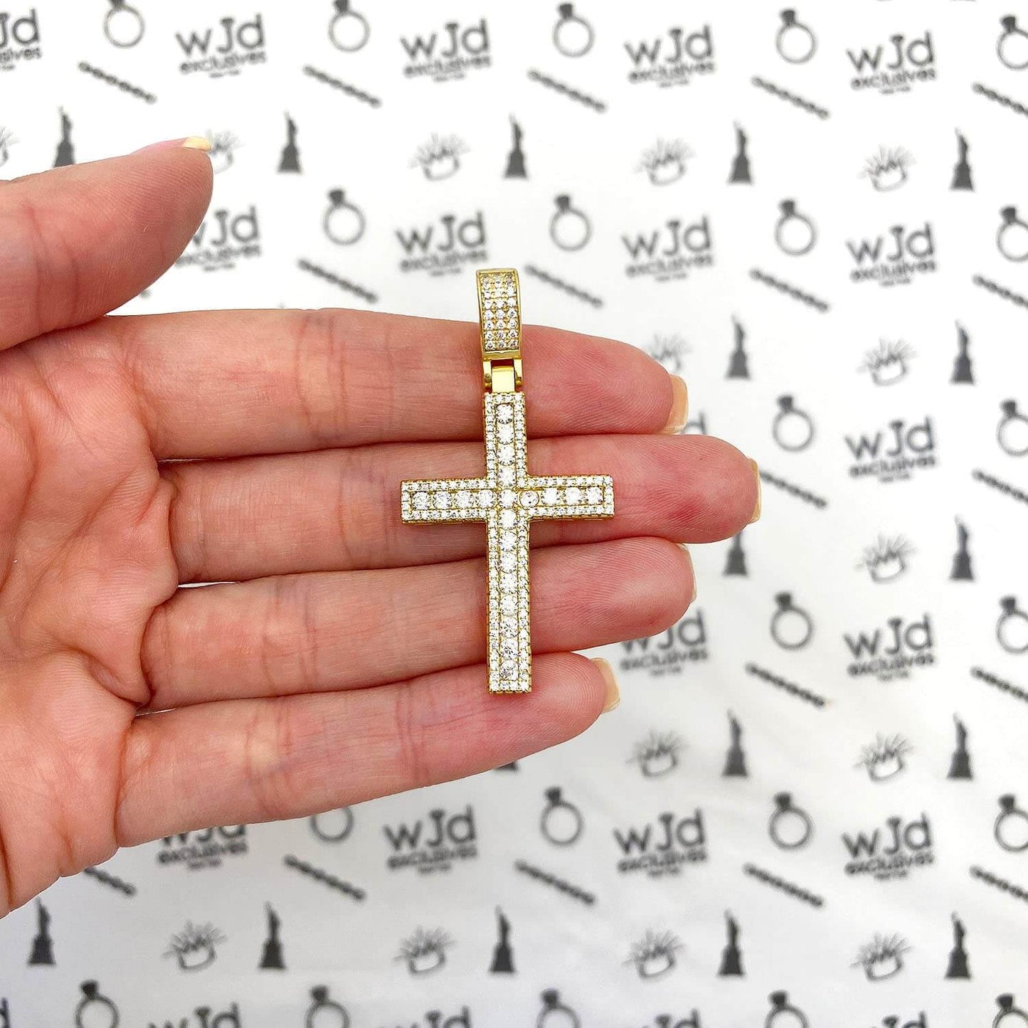 14k Yellow White Gold Over Silver White Zirconia Cross Pendant 1.97"