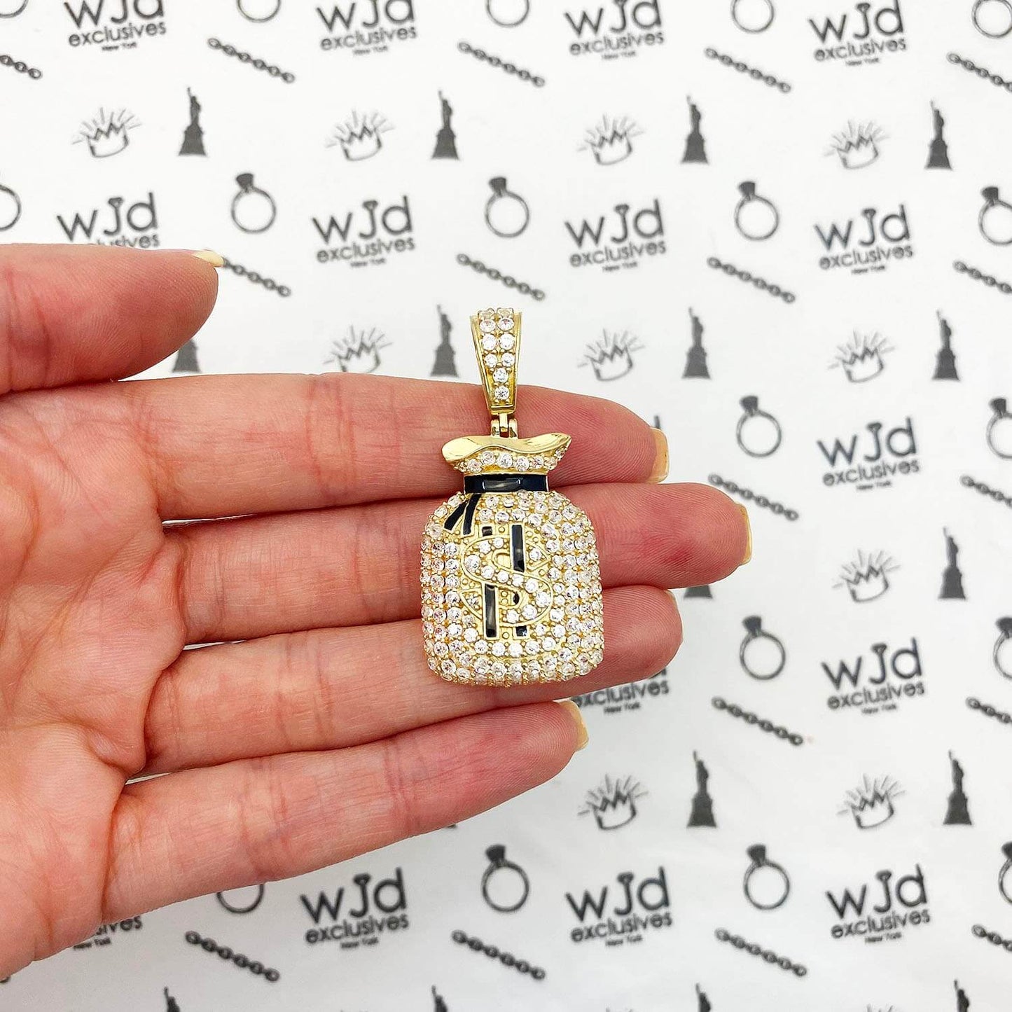 14K Yellow Gold CZ Black Enamel Cash Money Bag Pendant 1.8"