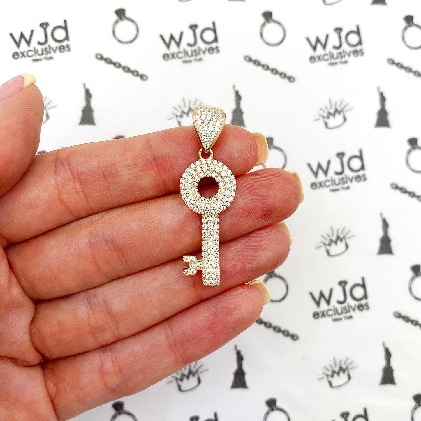 1.40CTW CZ Pave 10K Yellow Gold Key Charm Pendant 1.57"
