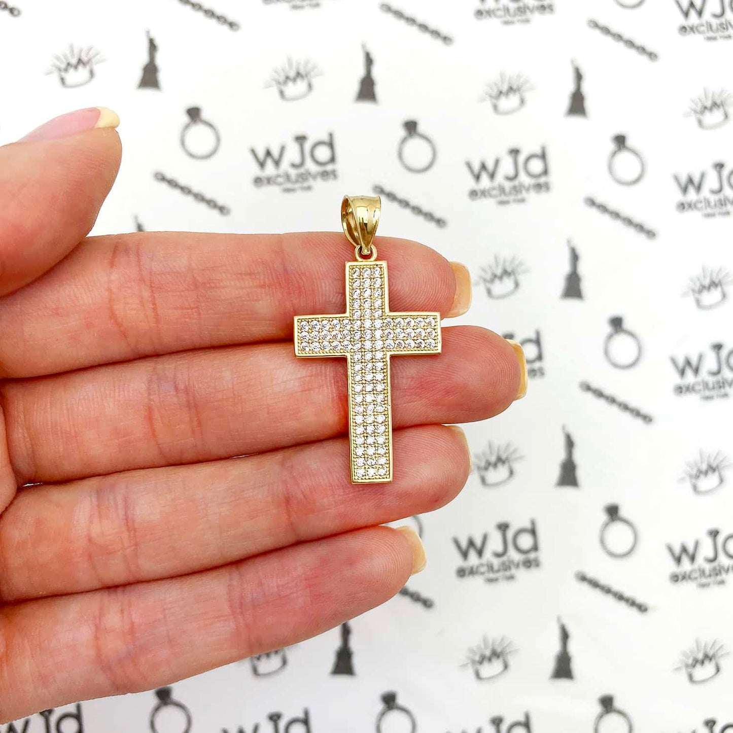 14K Yellow Gold CZ Pave Cross Pendant 1.57"