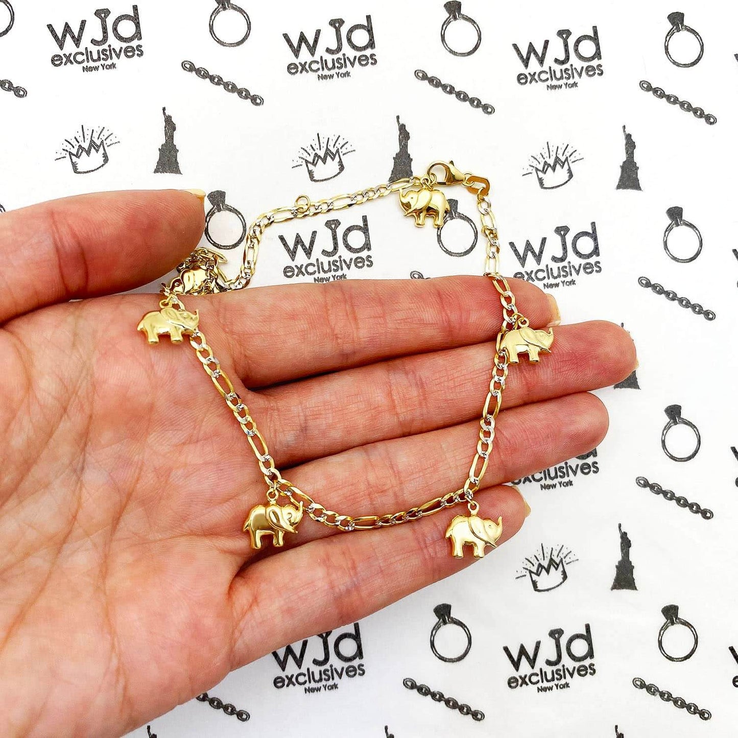 14K Gold Yellow Diamond-Cut Figaro Elephant Charm Anklet 9"-10.5" Adjustable