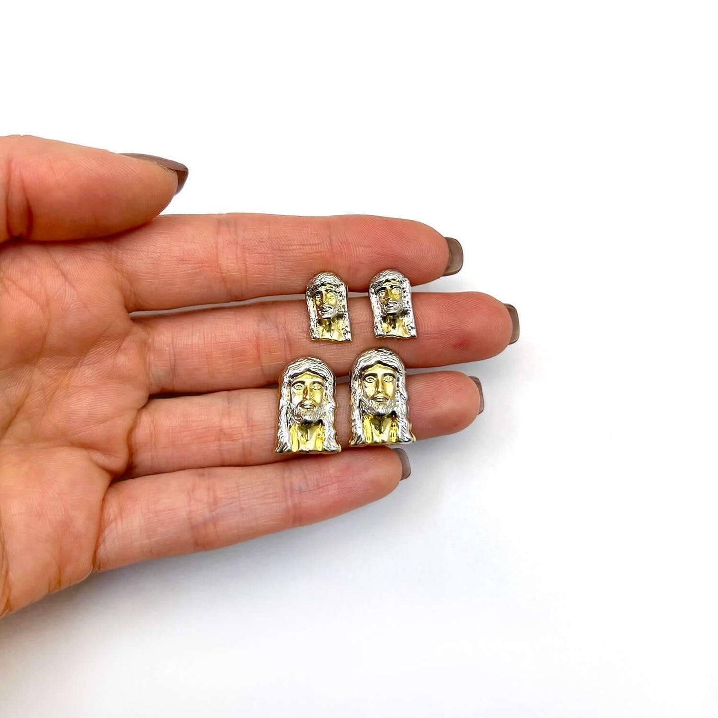 10K Gold Two-Tone Yellow White Diamond-Cut Jesus Head Stud Earrings 14mm-18mm