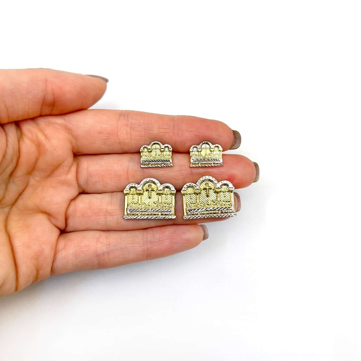 10K Gold Two-Tone Yellow White Diamond-Cut Last Supper Stud Earrings 10mm-16mm