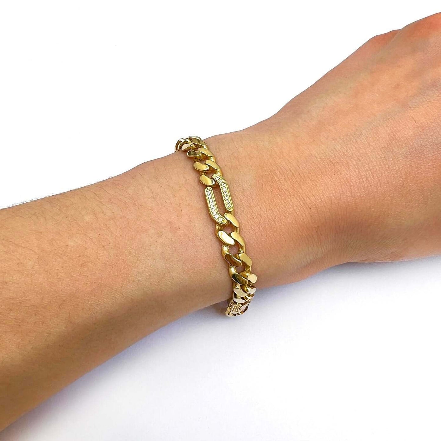 14K Gold Yellow CZ Pave 7mm Figaro Miami Cuban Bracelet 7.5"