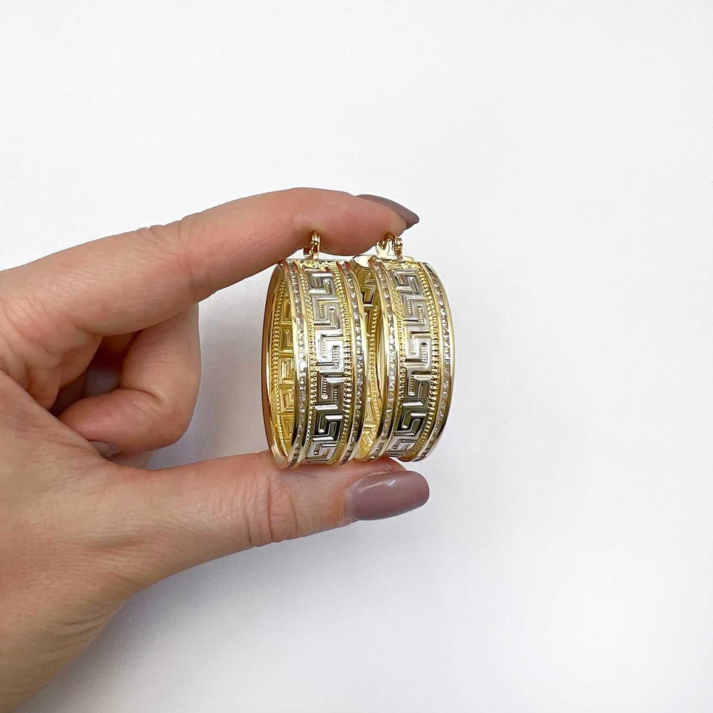 14K Gold CZ Channel-Set All Around Greek Key Hoop Earrings