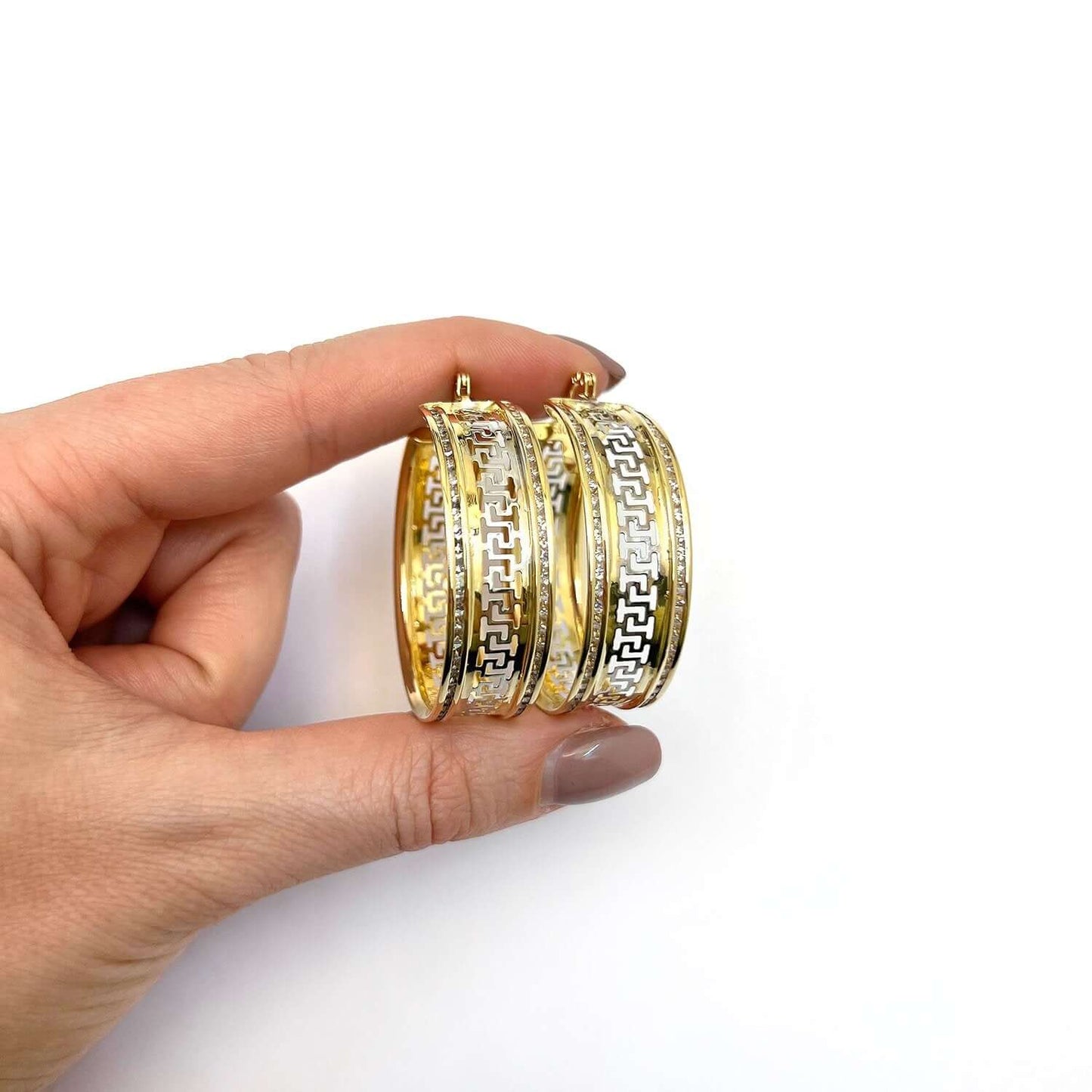 14K Gold CZ Channel-Set All Around Greek Key Hoop Earrings
