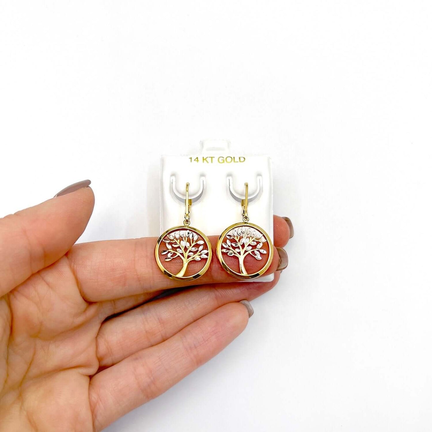 14K Gold Two-Tone Tree Of Life Drop Leverback Earrings