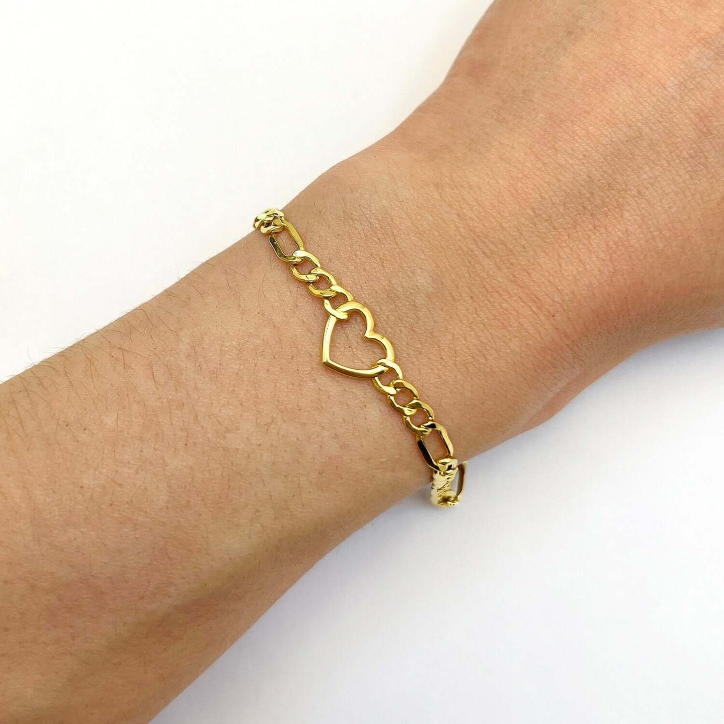 14K Real Gold 4.5mm Hollow Figaro Heart Charm Bracelet 7"