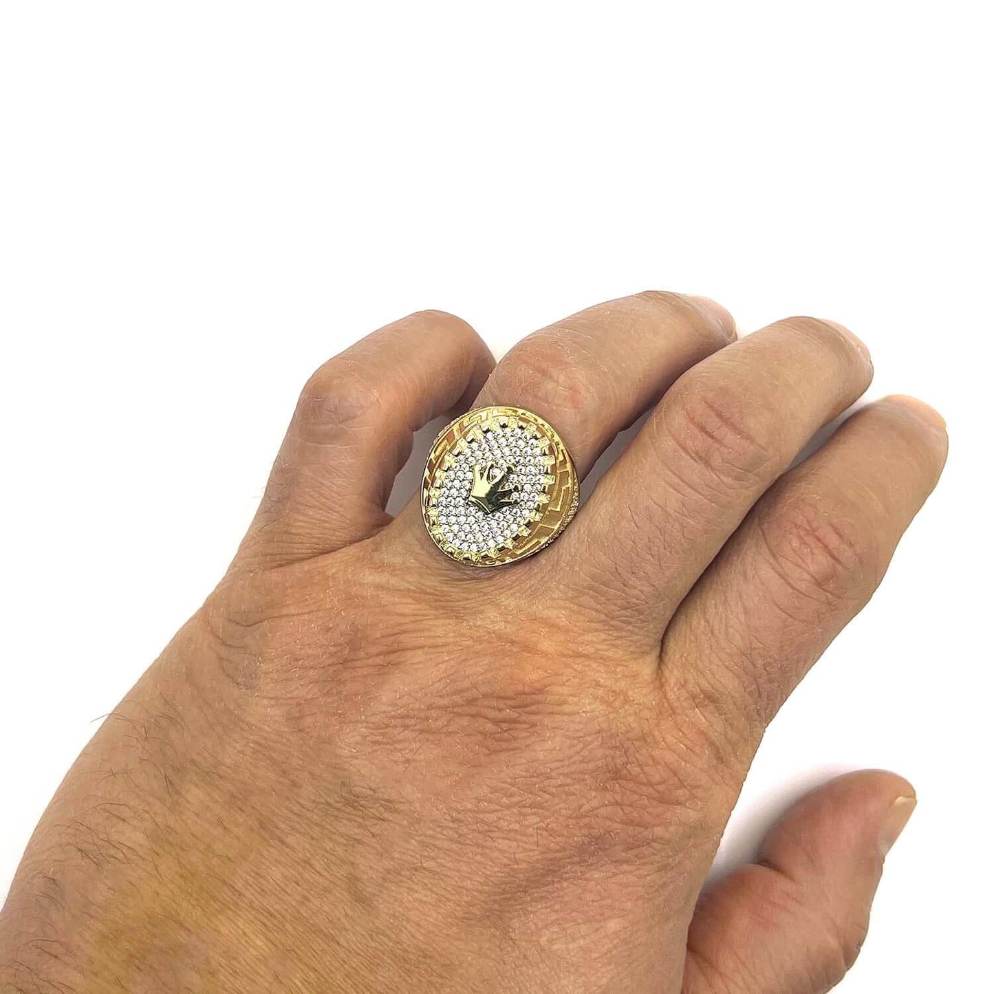 14K Gold Yellow CZ Royal Crown Greek Key Signet Ring