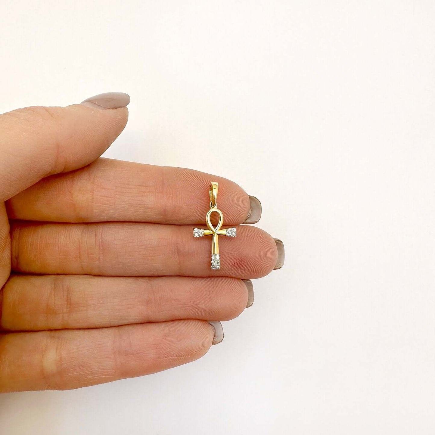 .05CTW Real Diamond 10K Gold Yellow White Rose Ankh Cross Pendant