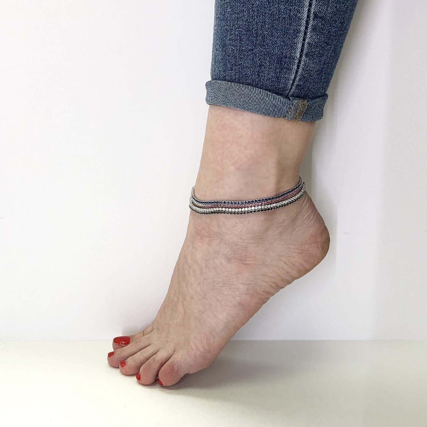925 Silver CZ Red White Black Blue Tennis Anklet Bracelet 9"-10"