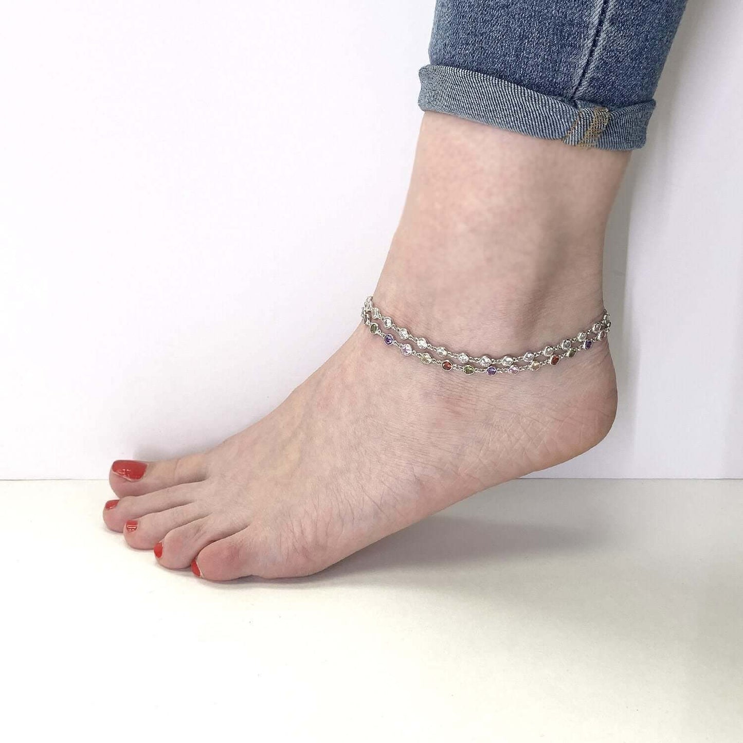 Sterling Silver Multicolor White CZ Bezel Set Station Anklet 10"-11" Adjustable
