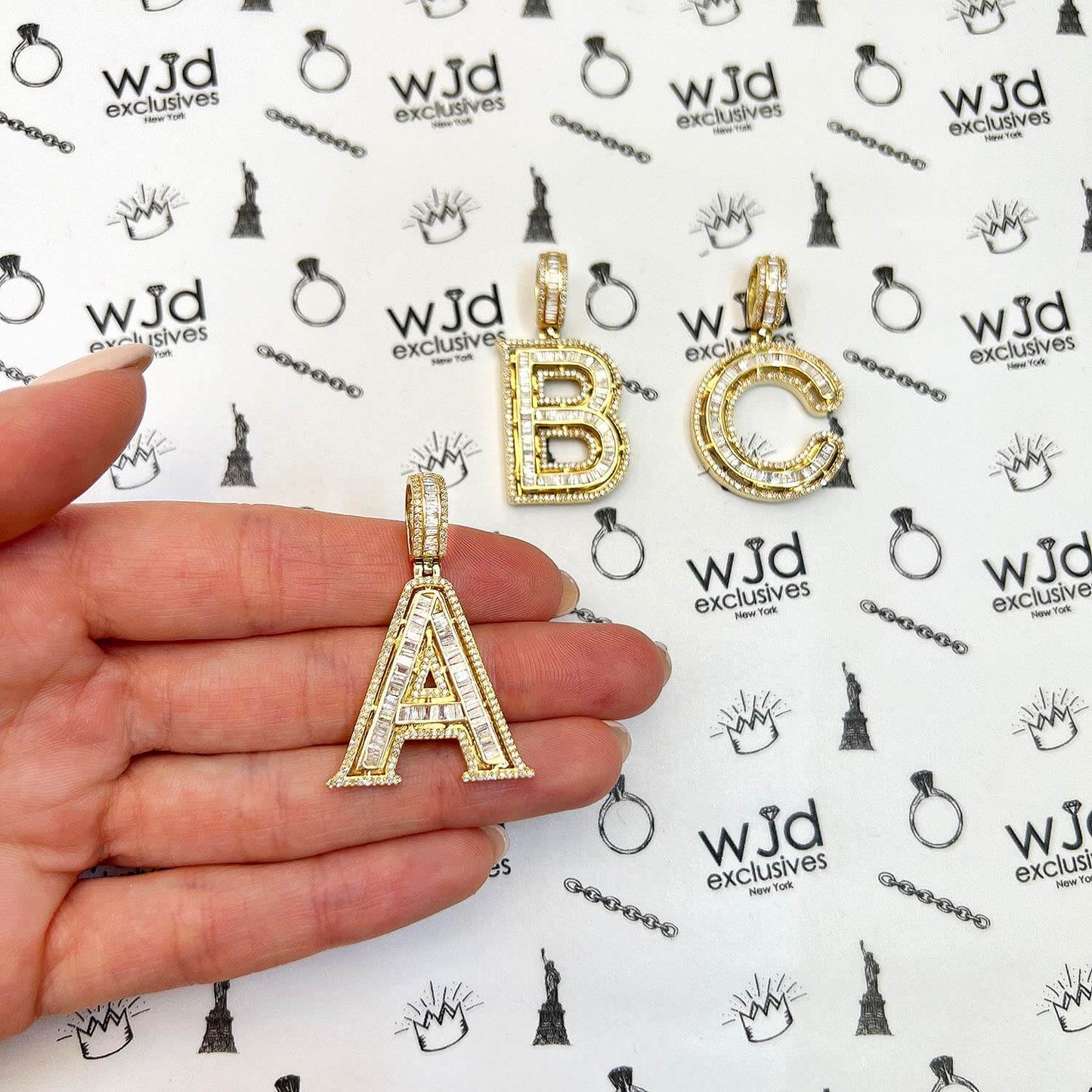 1.1CTW Natural Diamond Baguette 14K Yellow Gold Initial Letter Pendant 1.5"