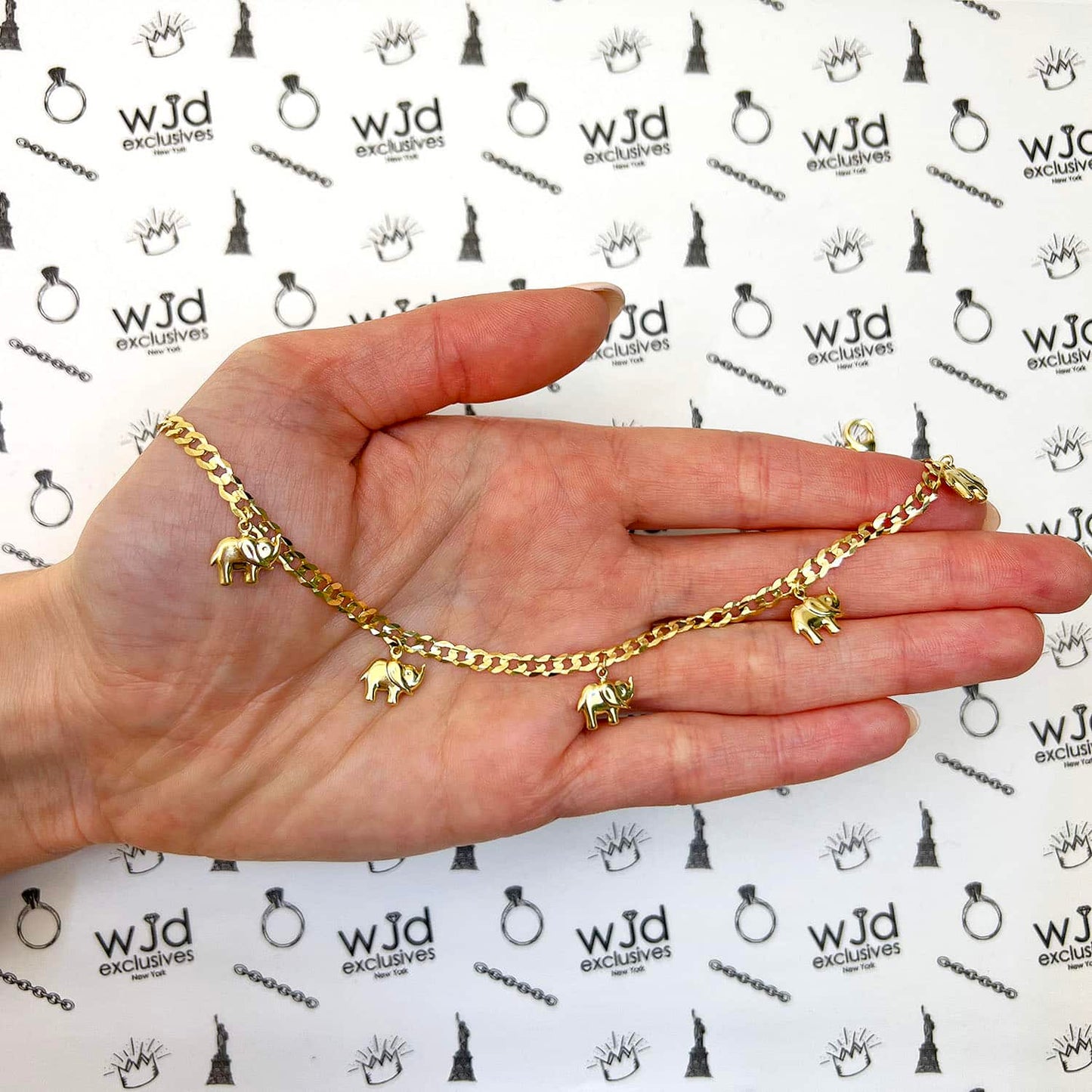 14K Yellow Gold Cuban 3.5mm Elephant Charm Anklet 9"-10" Adjustable