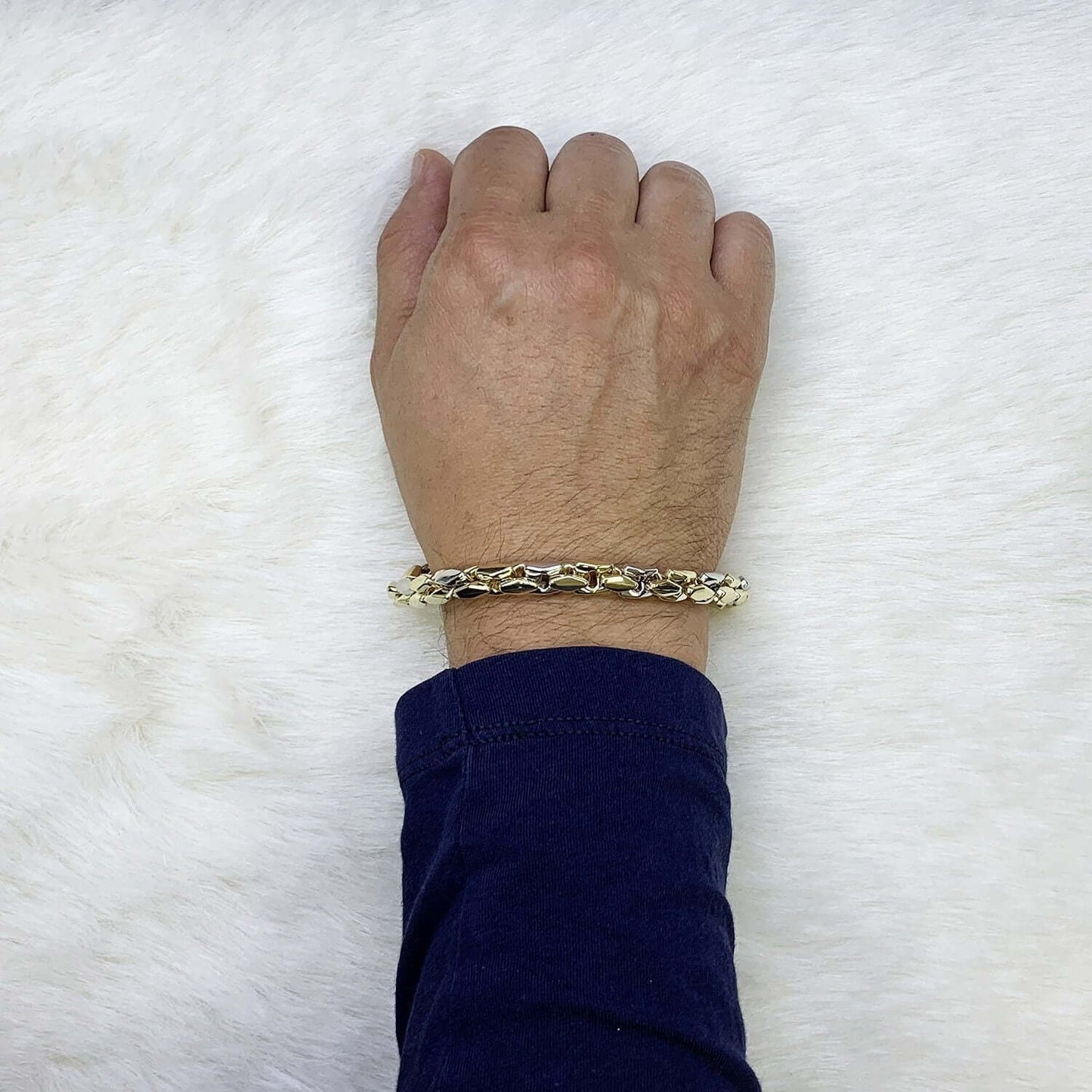 10K Two-Tone Yellow White Gold 8mm Italian Fancy Bullet Bracelet (Hollow) 9"