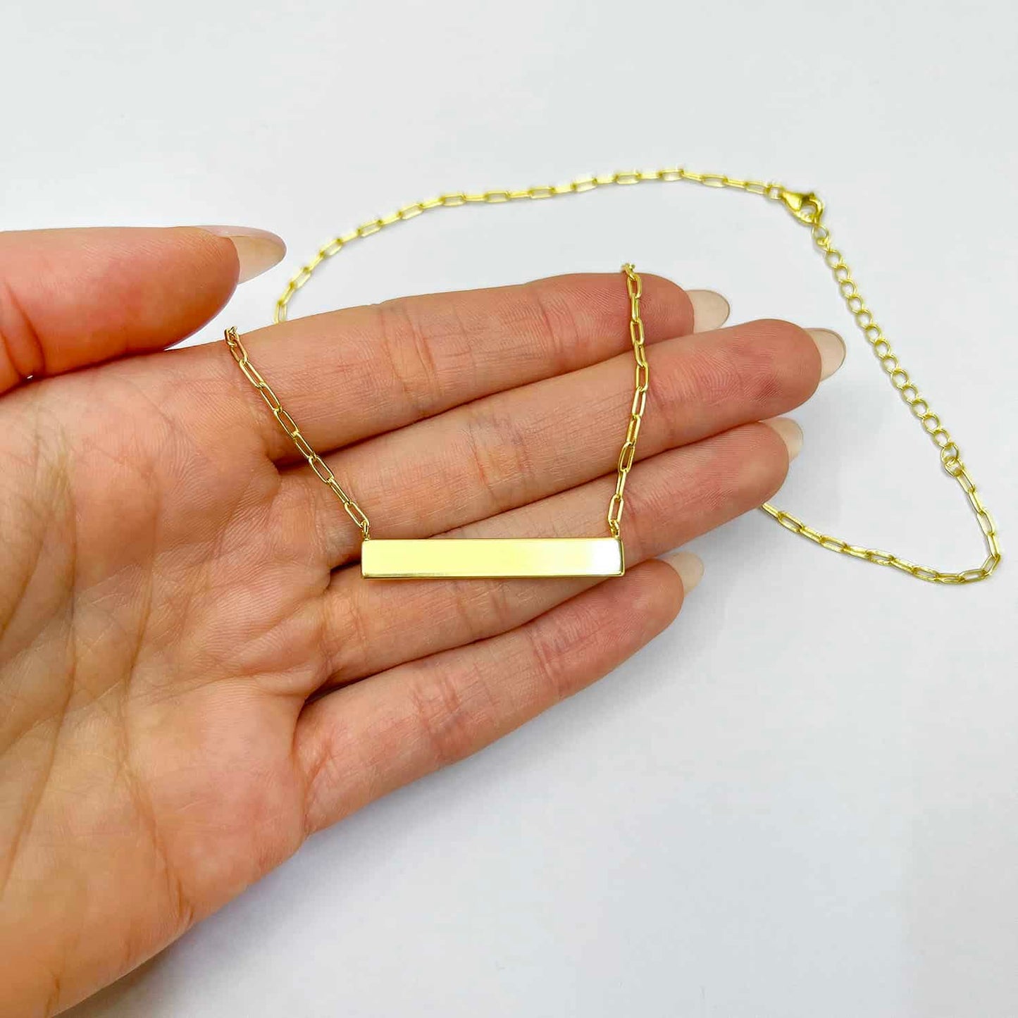 Engravable Gold Over Silver Paperclip Personalized Bar Pendant Necklace 16"-18"