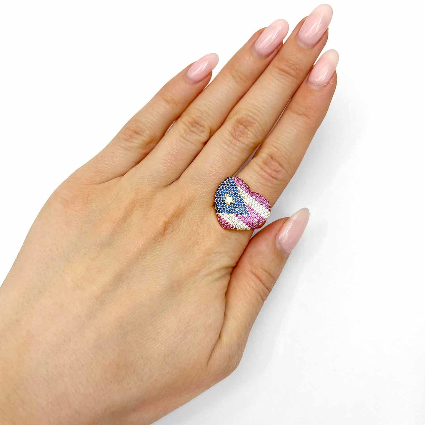 14K Gold Yellow CZ Gemstone Heart Puerto Rico Flag Ring